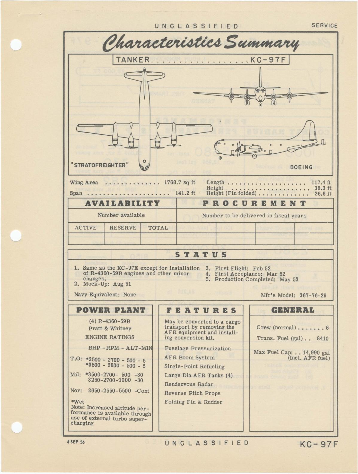 Sample page 1 from AirCorps Library document: KC-97F Boeing Stratofreighter - Tanker - Characteristics Summary