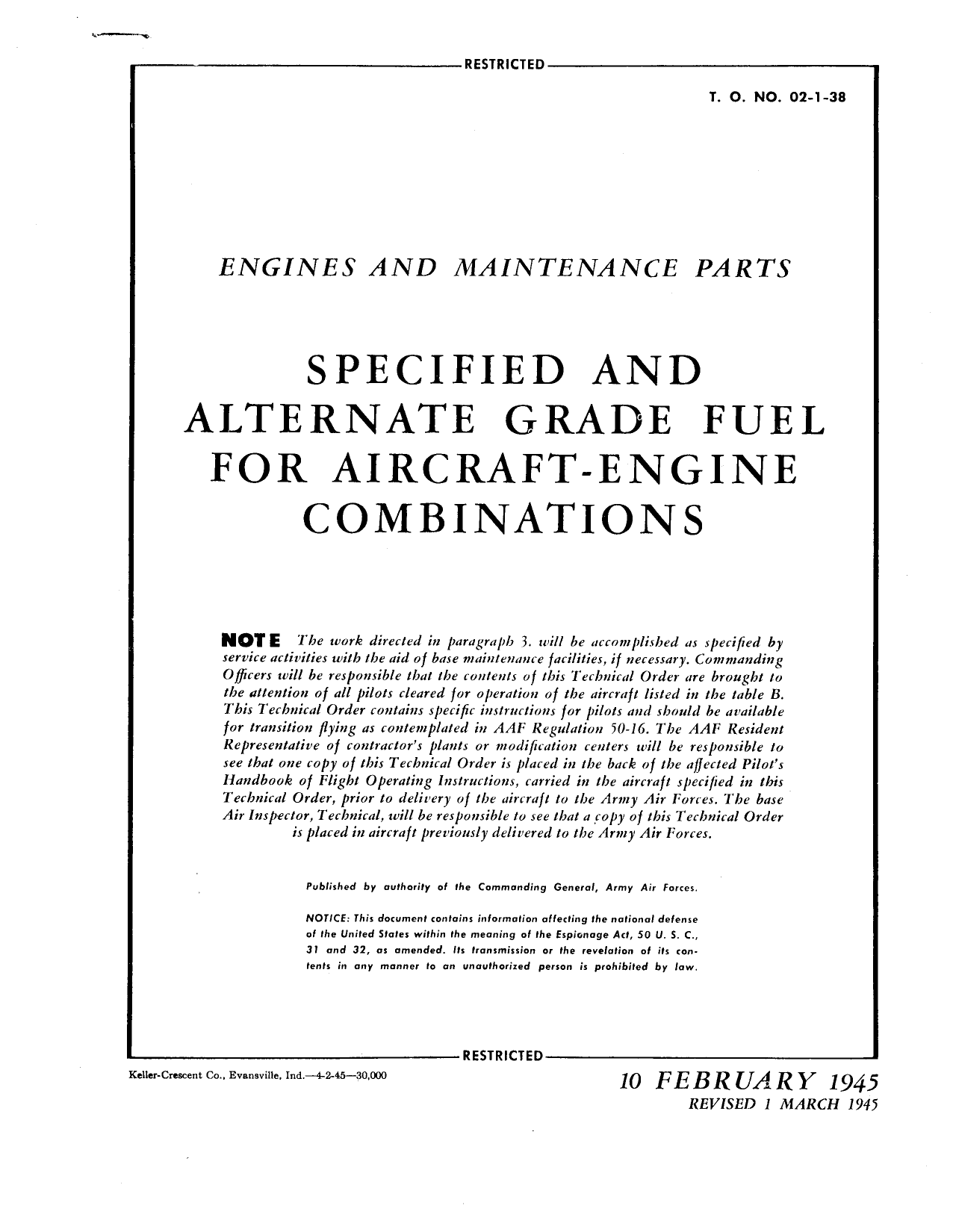 Sample page 1 from AirCorps Library document: Specified and Alternate Grade Fuel for Aircraft Engine Combinations