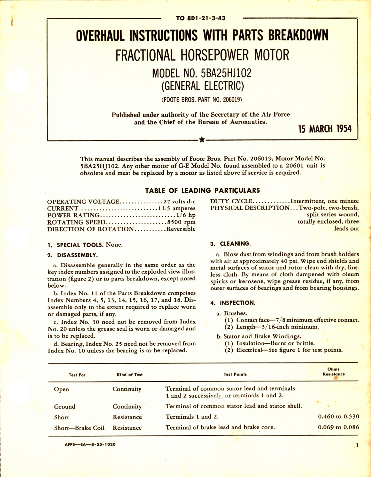 Sample page 1 from AirCorps Library document: Overhaul Instructions with Parts Breakdown for Fractional Horsepower Motor Model 5BA25HJ102