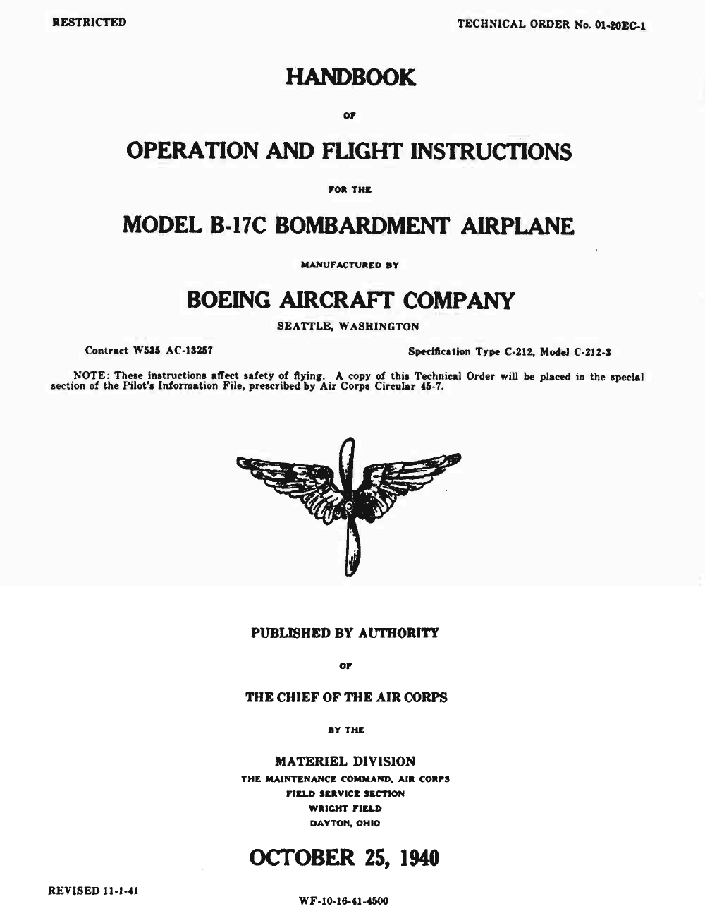 Sample page 1 from AirCorps Library document: Handbook of Operation and Flight Instructions - B-17C