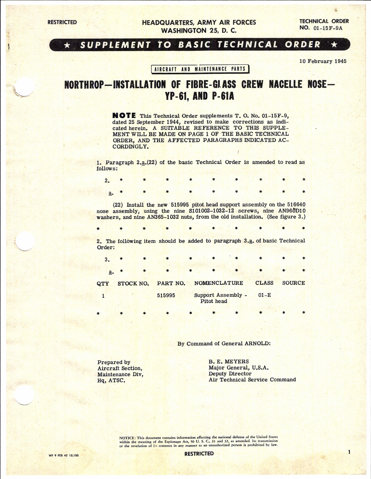 Sample page 1 from AirCorps Library document: Installation of Fibre-Glass Crew Nacelle Nose for YP-61 & P-61A