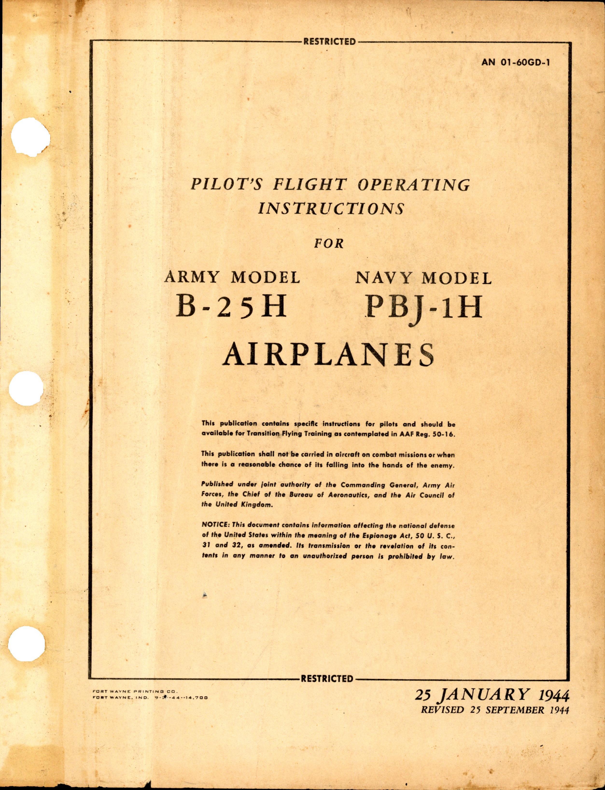Sample page 1 from AirCorps Library document: Pilot's Flight Operating Instructions for B-25H and PBJ-1H Airplanes