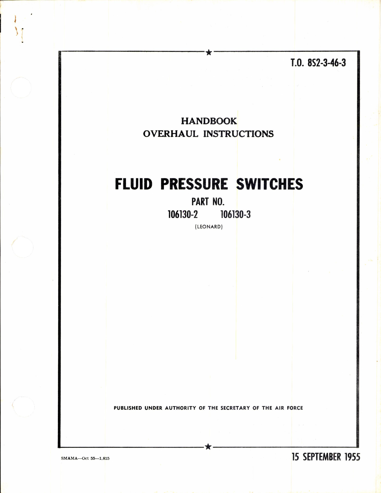Sample page 1 from AirCorps Library document: Fluid Pressure Switches Part No 106130-2 and 106130-3