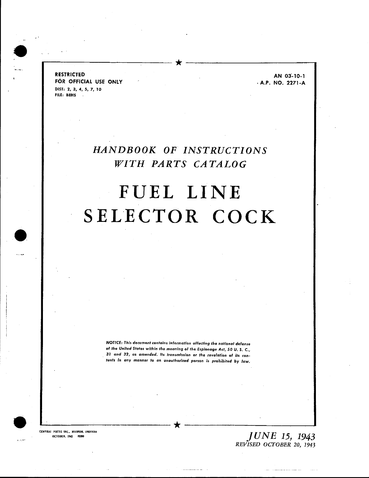Sample page 1 from AirCorps Library document: Handbook with Parts Catalog for Fuel Line Selector Cock
