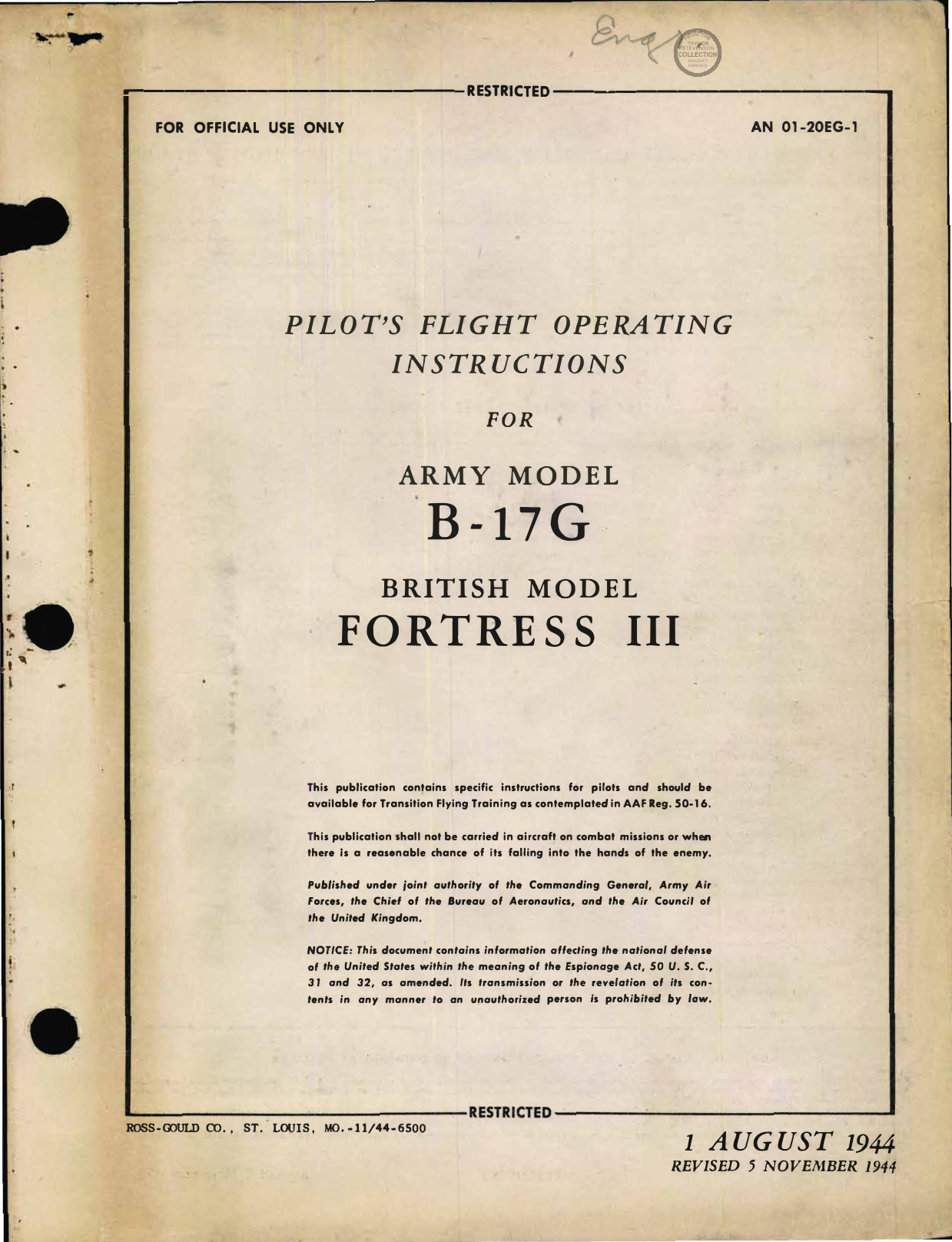 Sample page 1 from AirCorps Library document: Flight Operating Instructions - B-17G