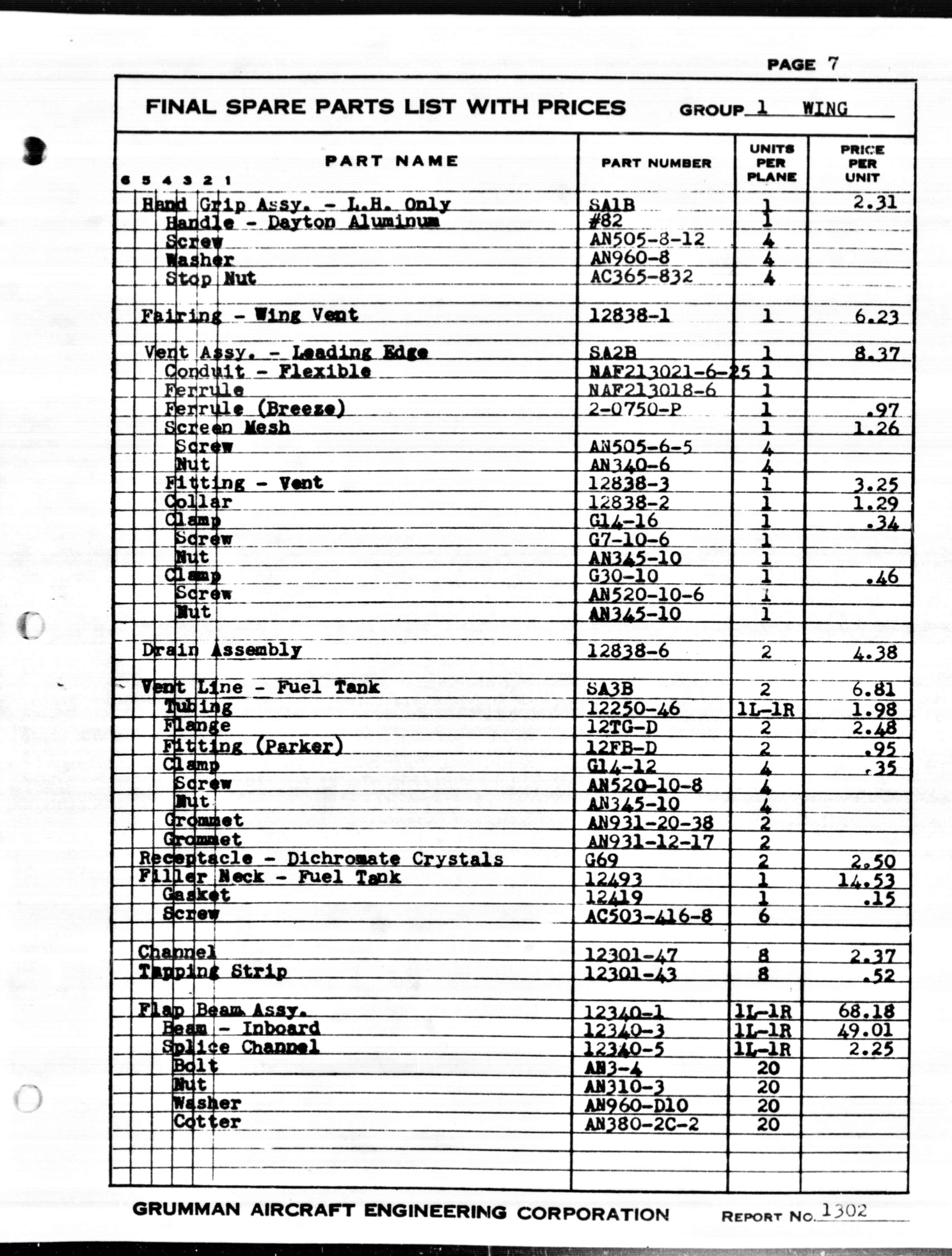 Sample page 7 from AirCorps Library document: Models JRF-1 & 1A Final Spare Parts List with Prices Contract No. 66303