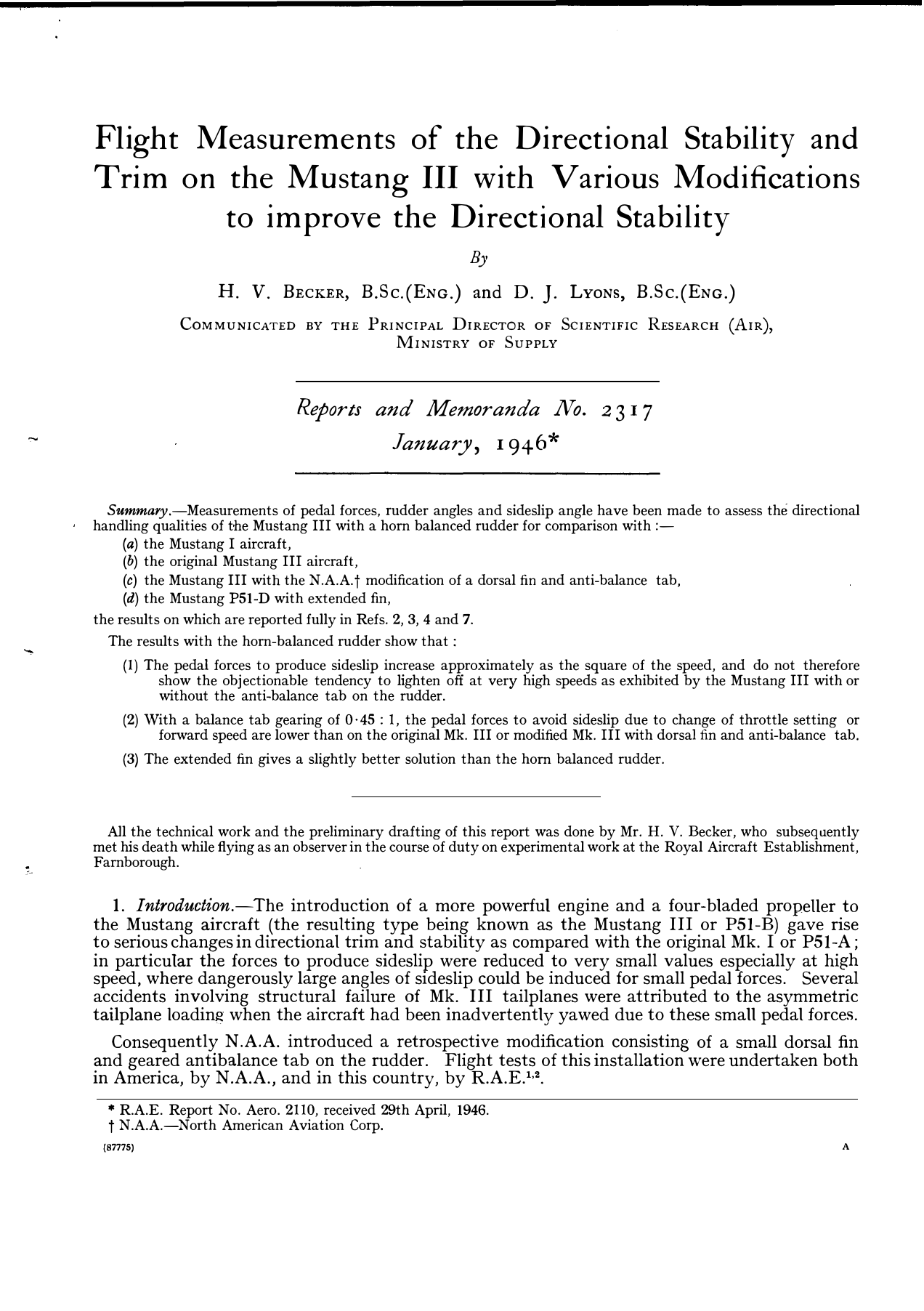 Sample page 1 from AirCorps Library document: Flight Measurements - Directional Stability & Trim - P-51