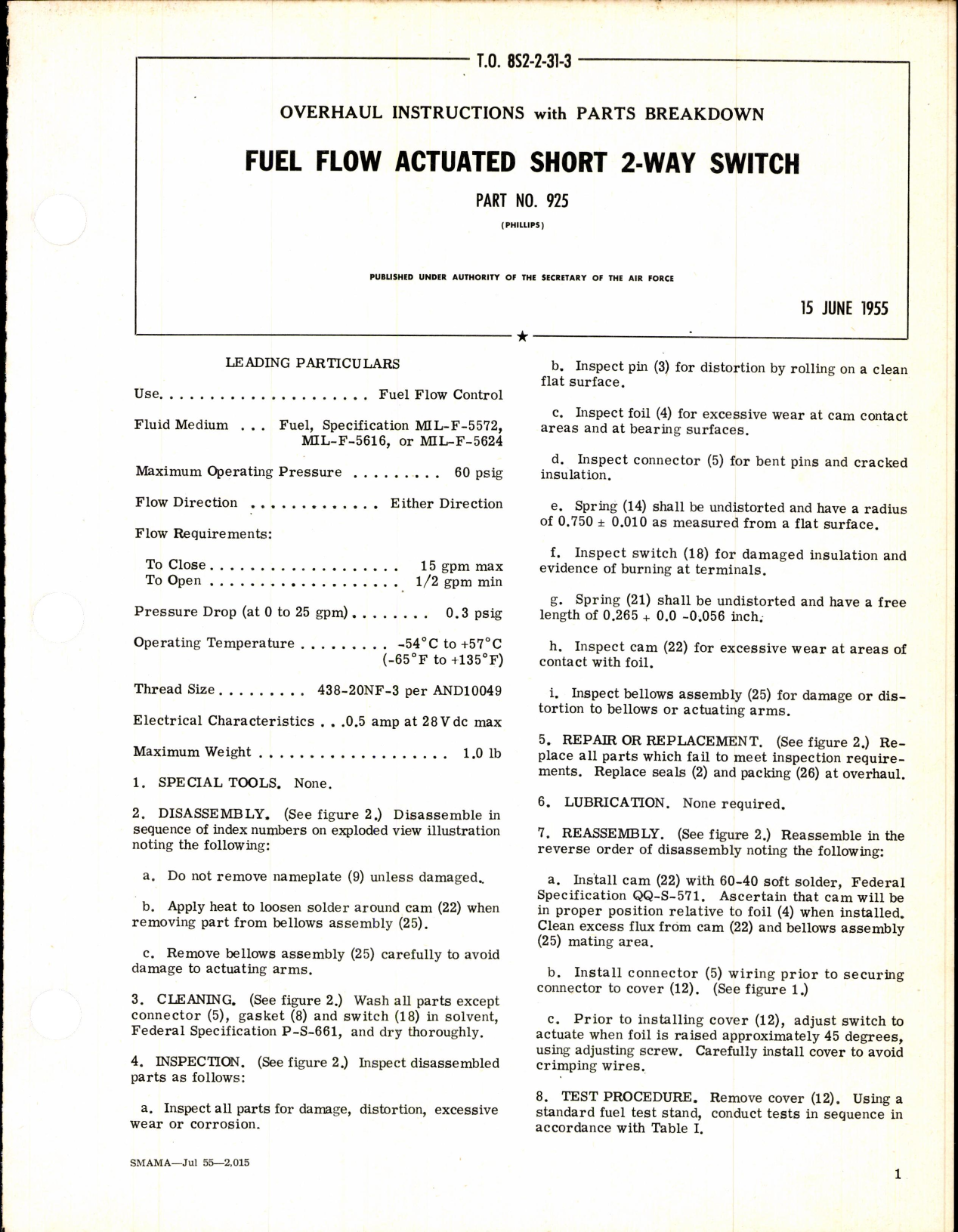 Sample page 1 from AirCorps Library document: Fuel Flow Actuated Short 2-Way Switch Part No 925