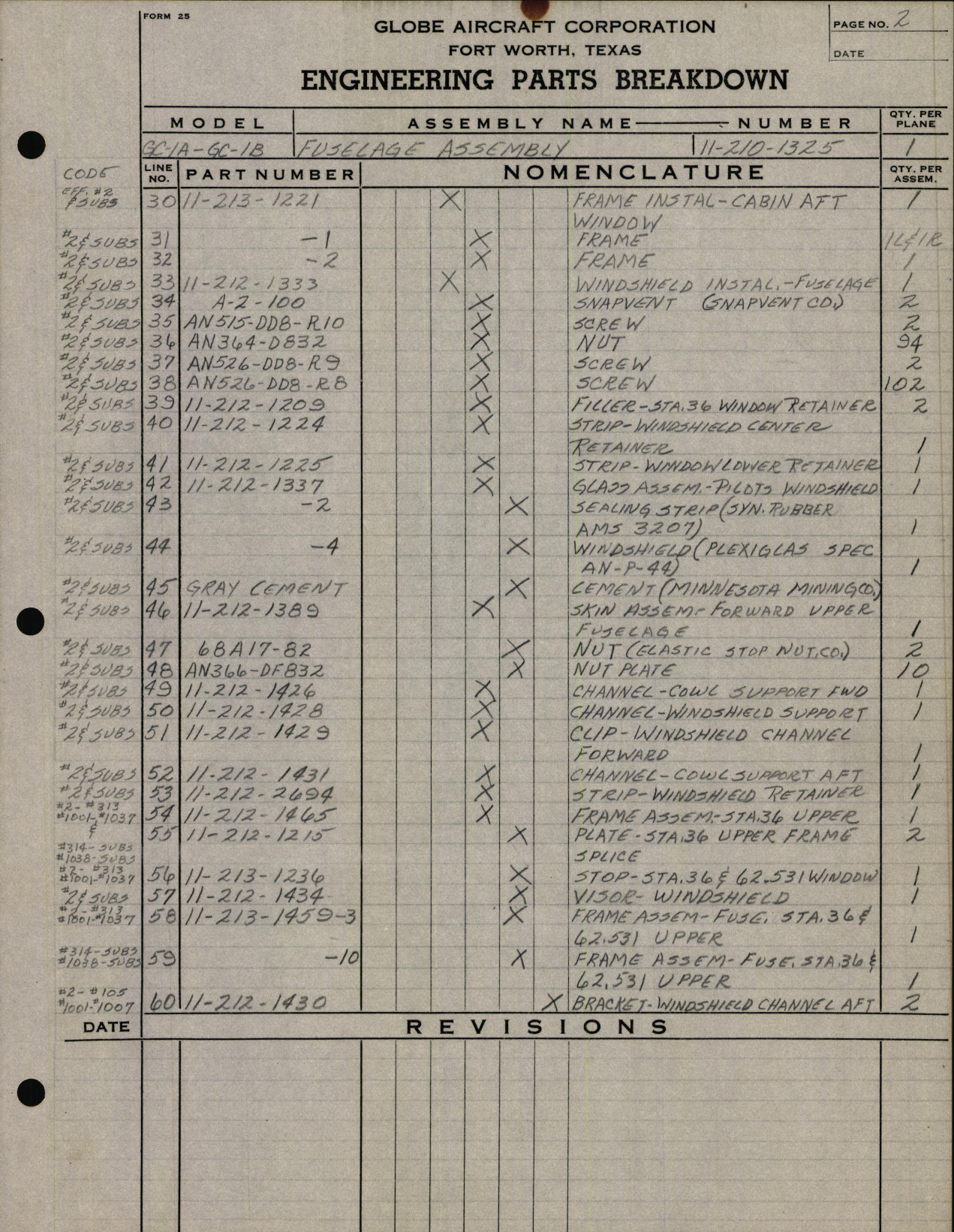 Sample page 2 from AirCorps Library document: Fuselage Engineering Parts Breakdown for GC-1A and GC-1B