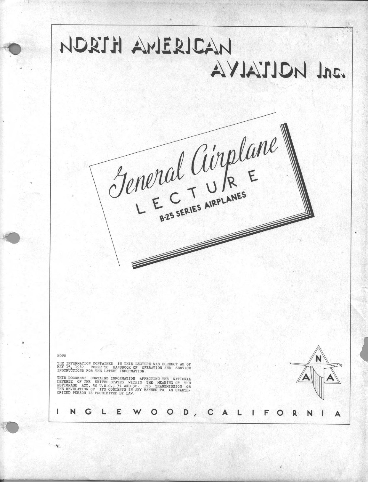 Sample page 1 from AirCorps Library document: General Airplane Lectures B-25 North American Aviation Lectures 1-8