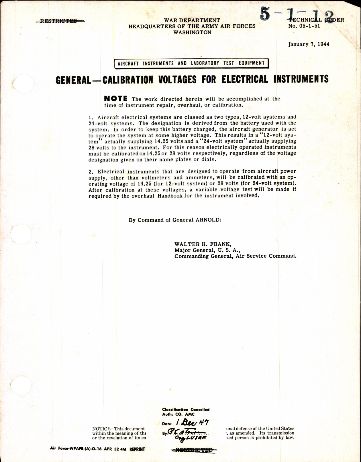 Sample page 1 from AirCorps Library document: Calibration Voltages for Electrical Instruments