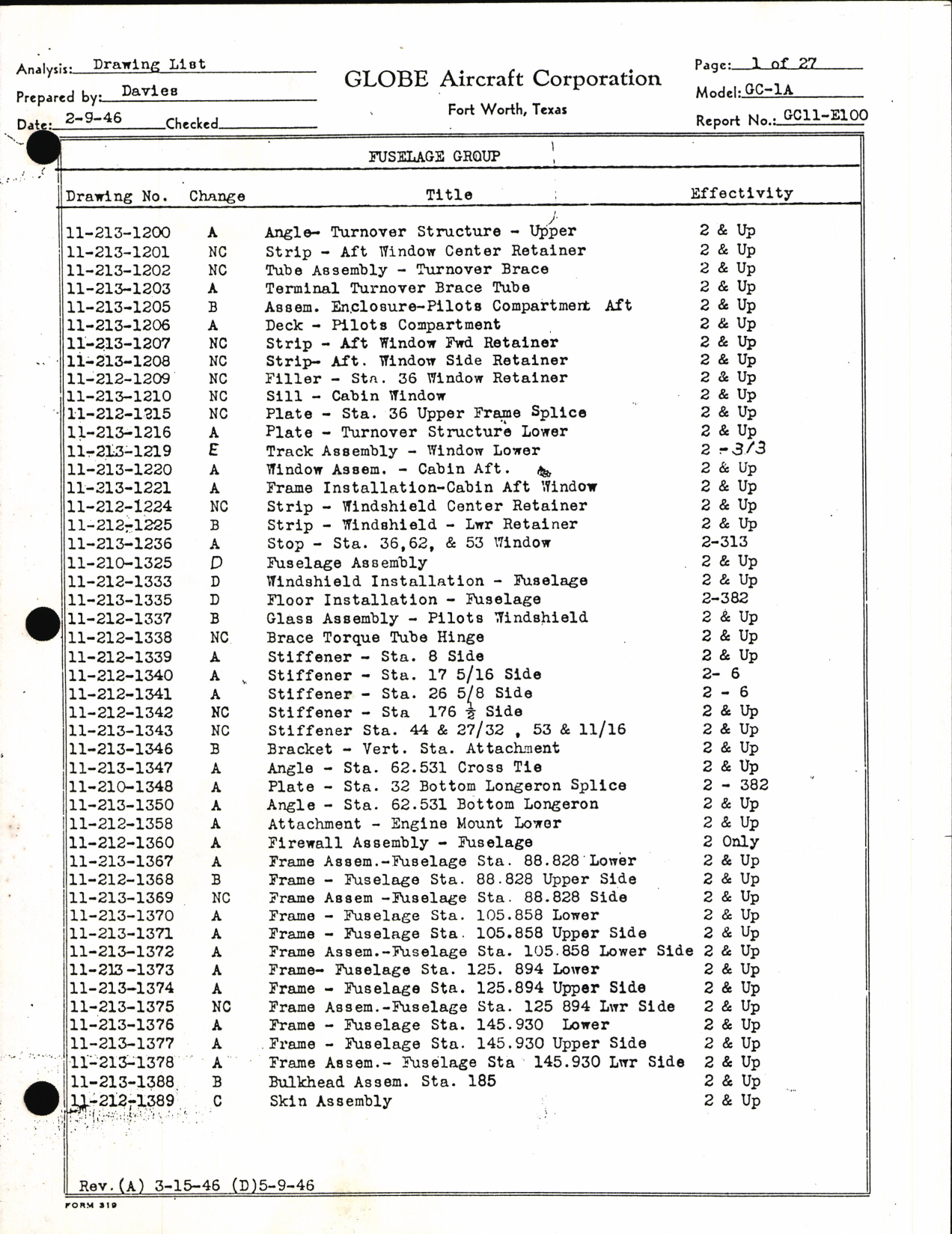 Sample page 4 from AirCorps Library document: Globe Drawing List