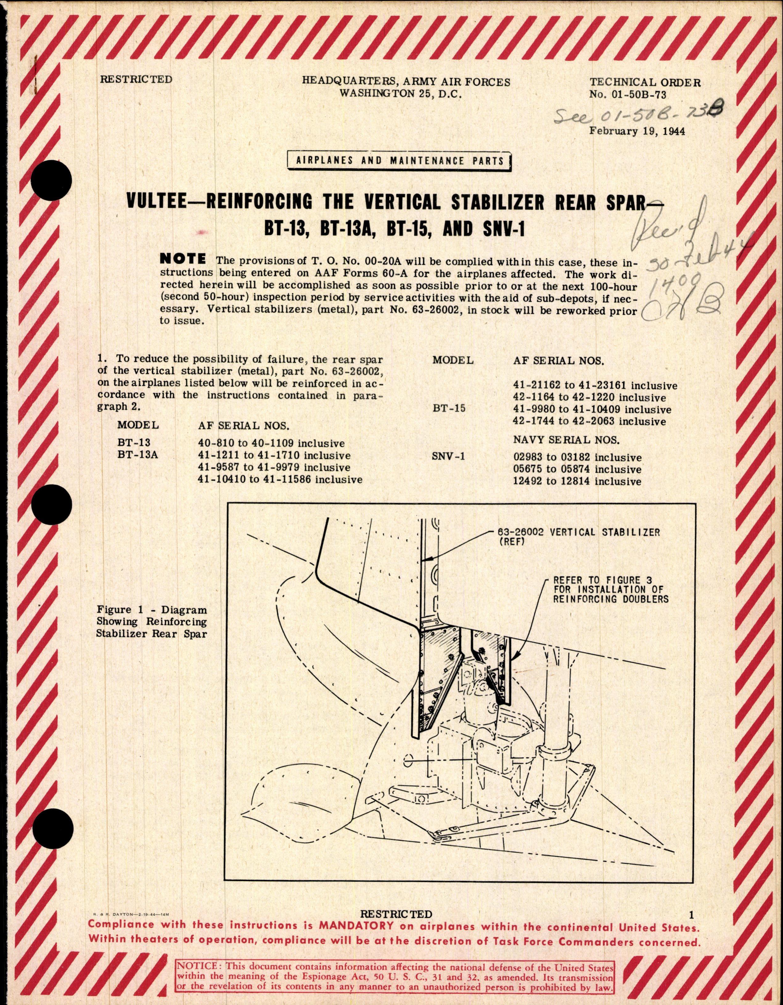 Sample page 1 from AirCorps Library document: Reinforcing the Vertical Stabilizer Rear Spar - BT-13, BT-13A, BT-15, and SNV-1