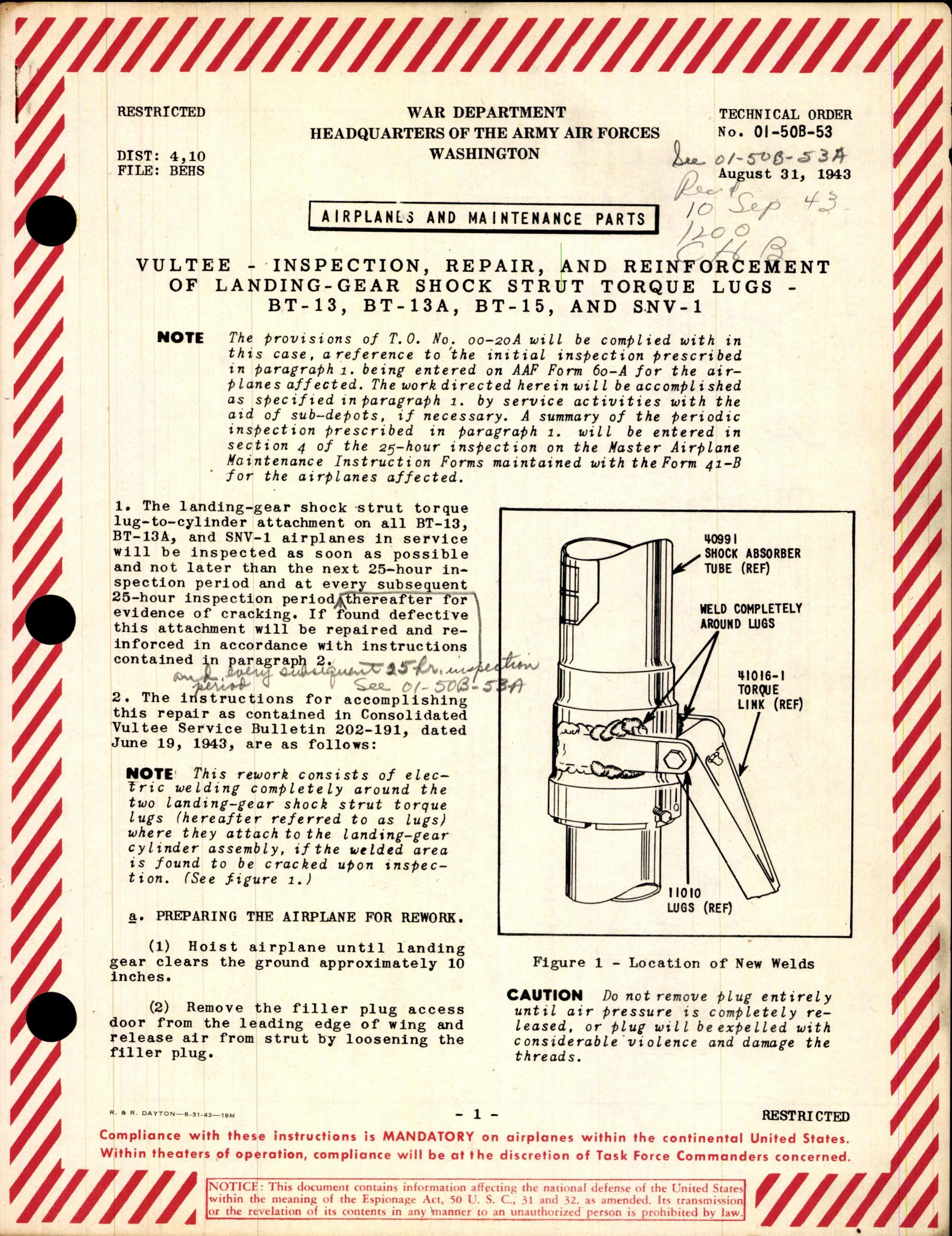 Sample page 1 from AirCorps Library document: Inspection, Repair, and Reinforcement of Landing-Gear Shock Strut Torque Lugs for BT-13
