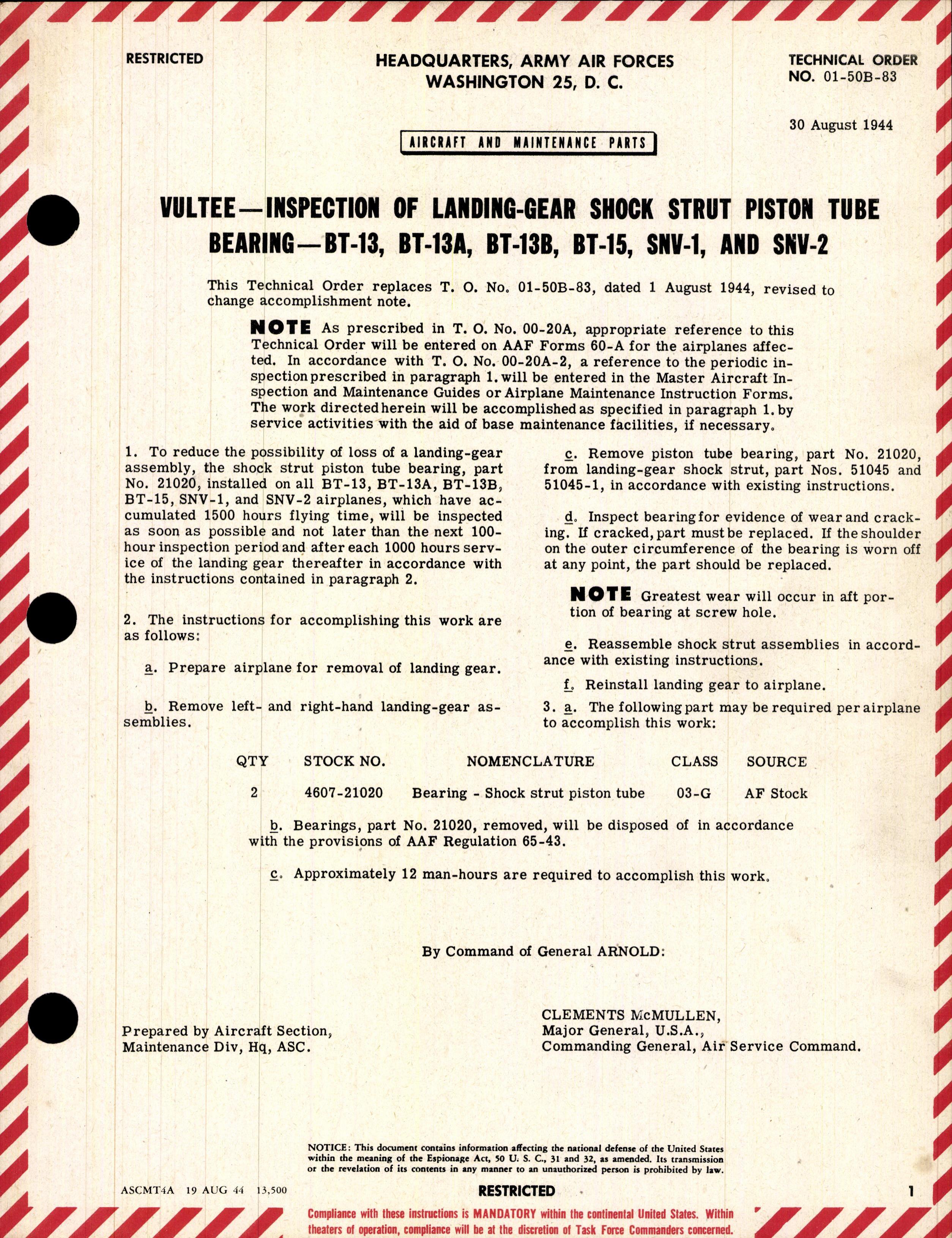 Sample page 1 from AirCorps Library document: Inspection of Landing-Gear Shock Strut Piston Tube Bearing - BT-13, BT-13A, BT-13B, BT-15, SNV-1, and SNV-2