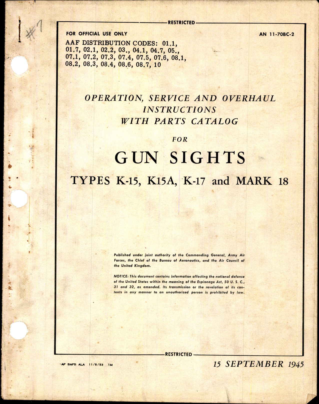 Sample page 1 from AirCorps Library document: Gun Sights, Types K-15, K15A, K-17, Mark 18
