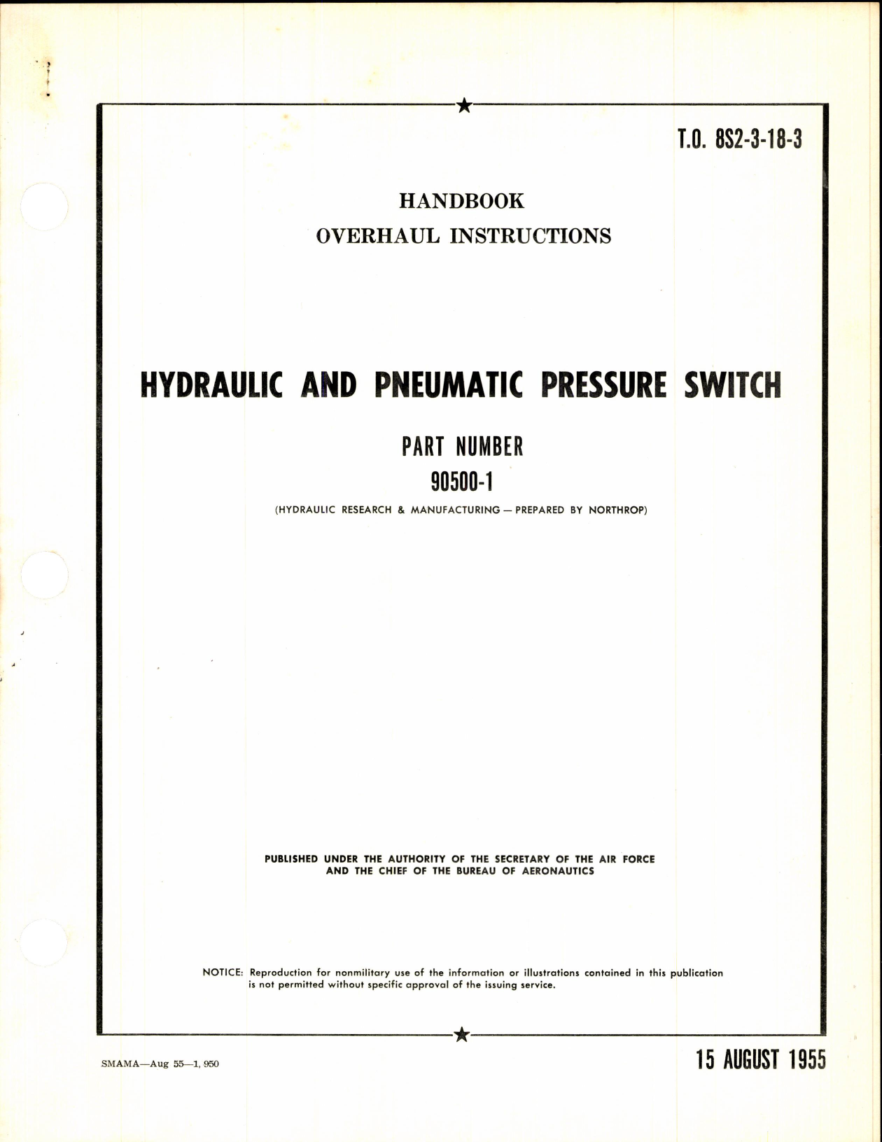 Sample page 1 from AirCorps Library document: Hydraulic and Pneumatic Pressure Switch Part No 90500-1