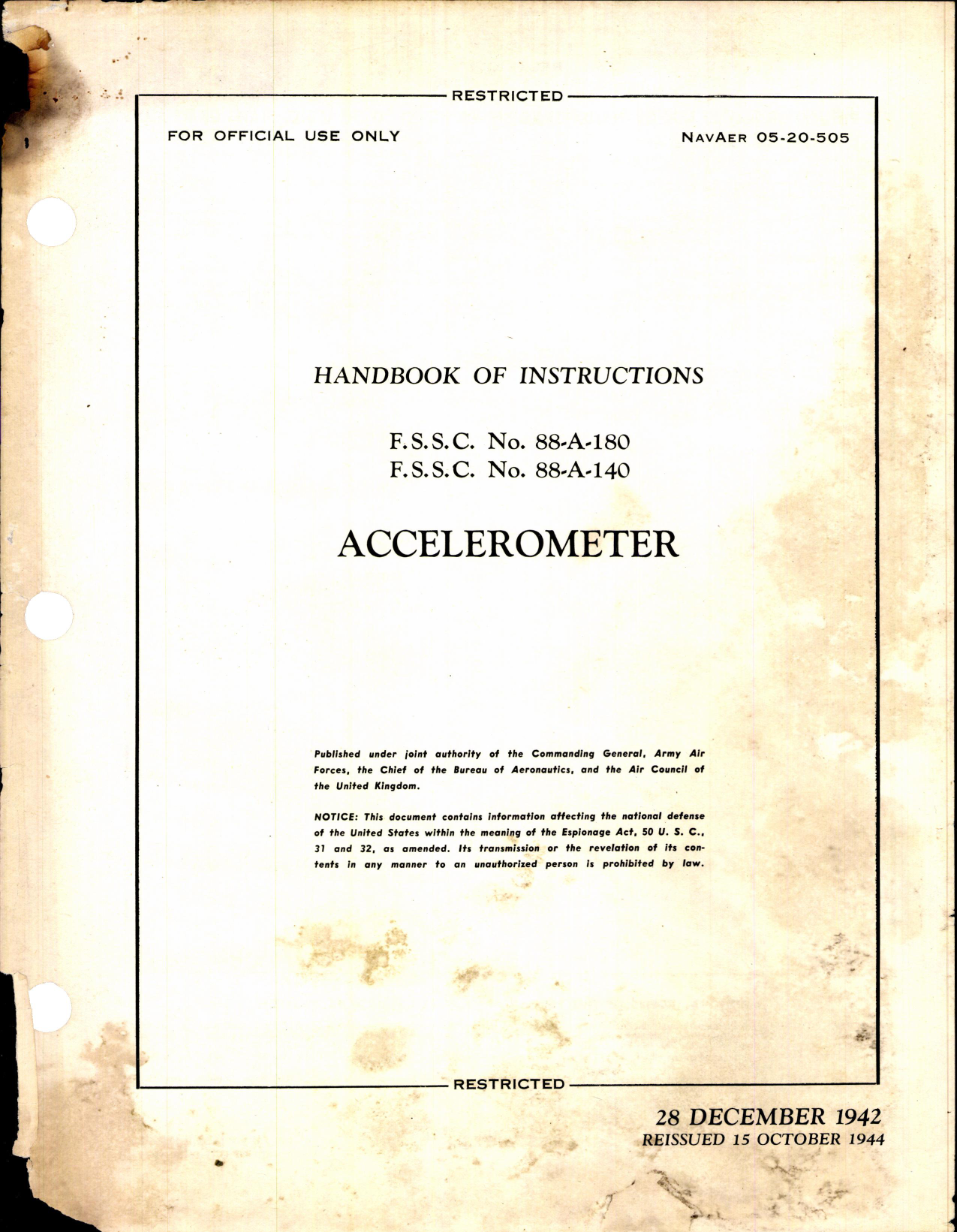 Sample page 1 from AirCorps Library document: Handbook of Instructions for No. 88-A Accelerometer