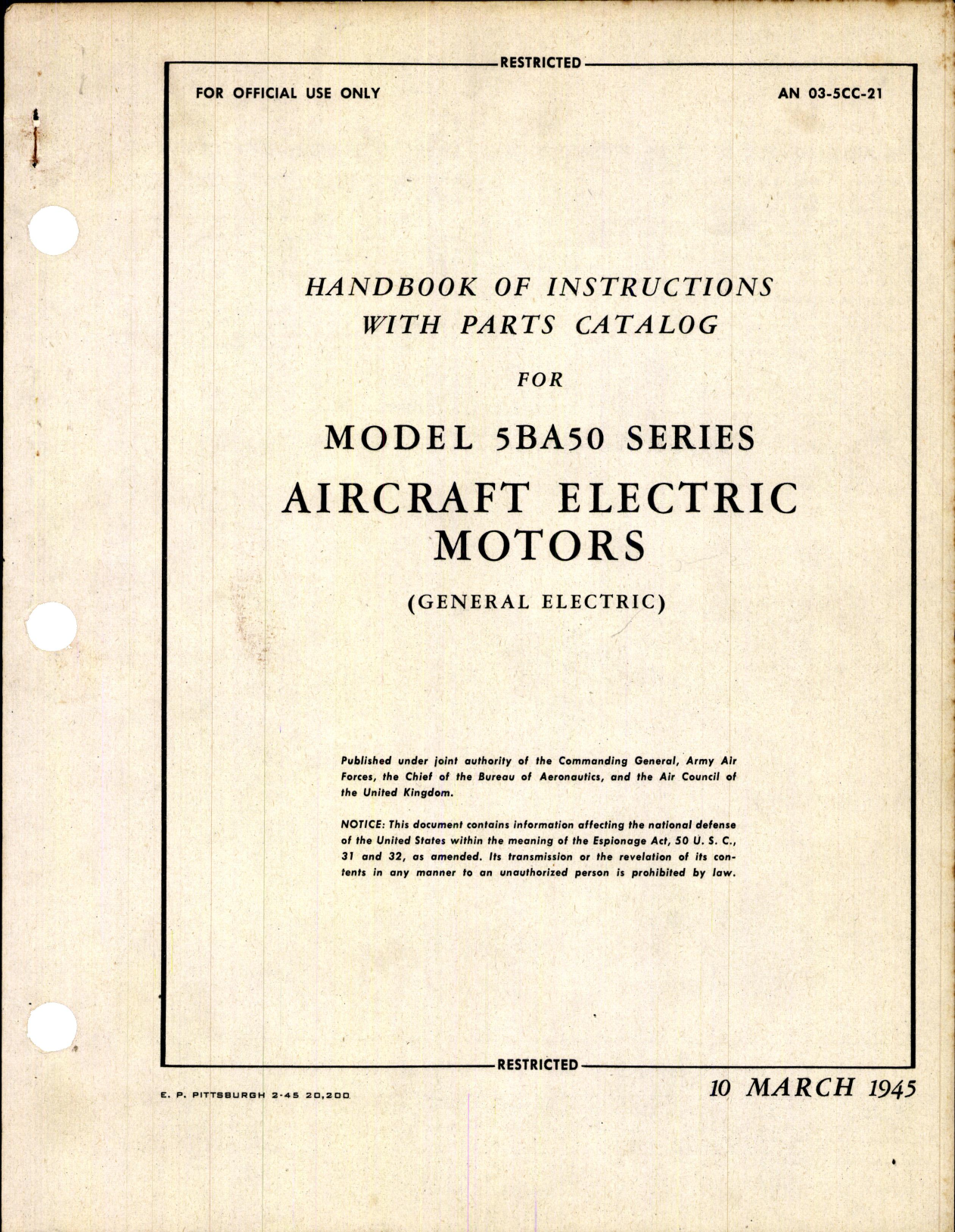 Sample page 1 from AirCorps Library document: Handbook of Instructions w/ Parts Catalog for Model 5BA50 Electric Motors