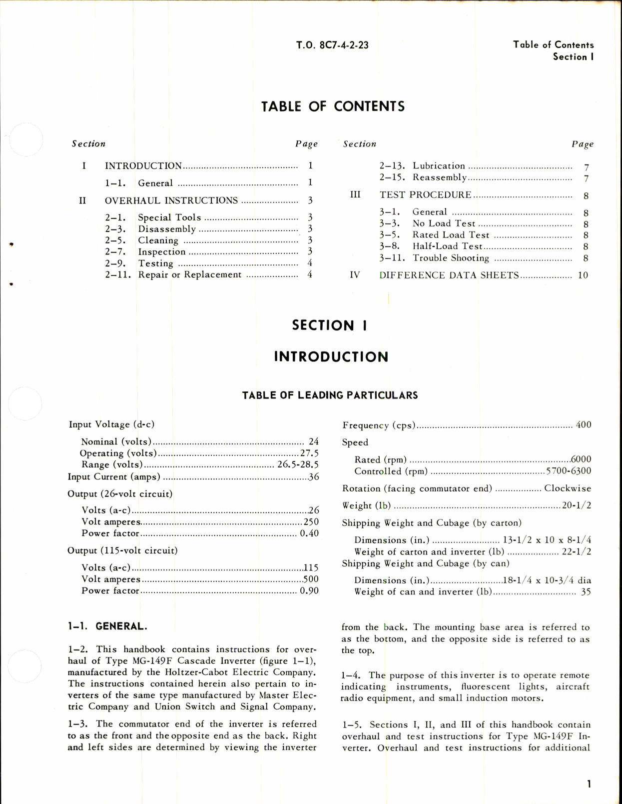 Sample page 3 from AirCorps Library document: Instructions for Inverters Types MG-149F & MG-146H