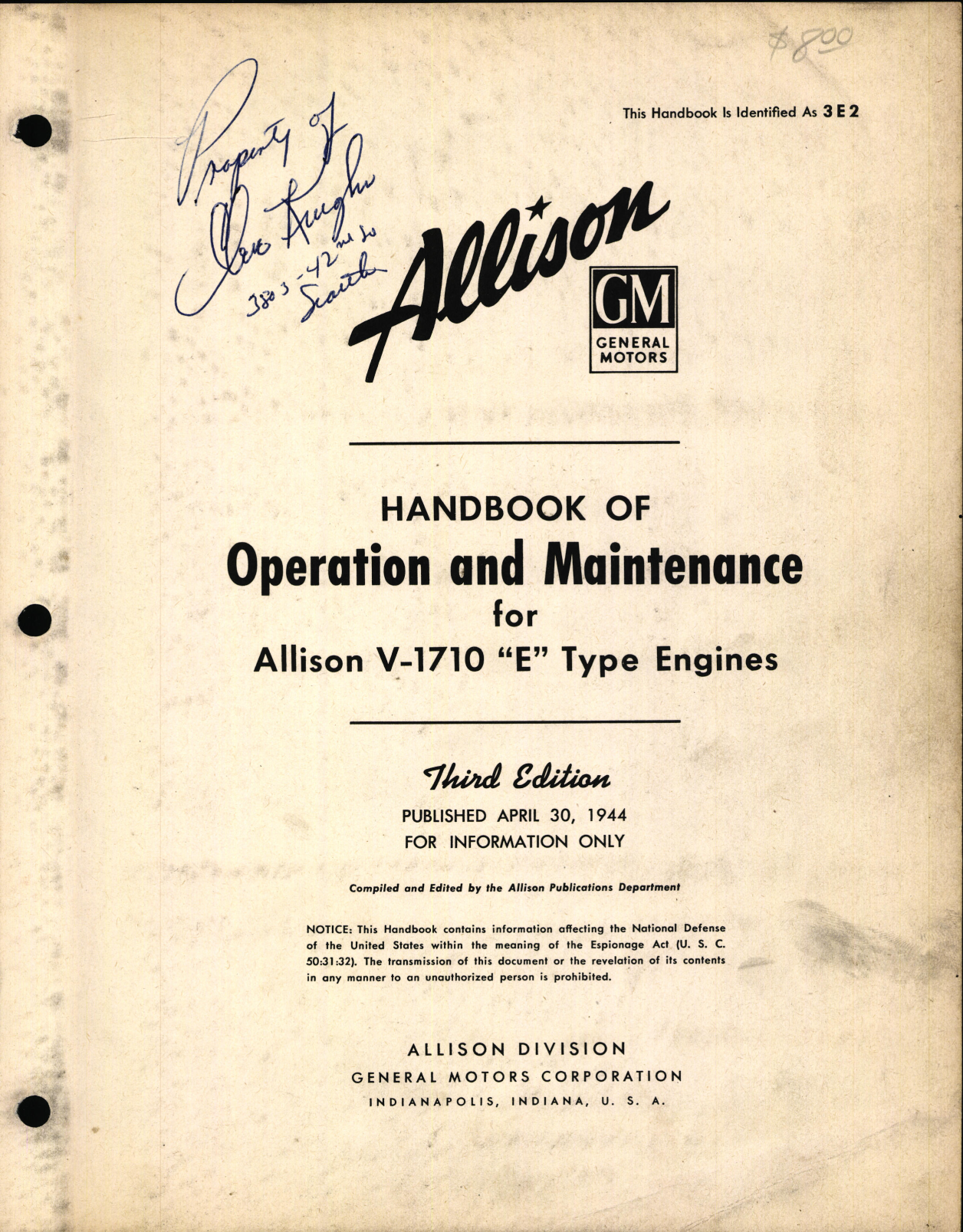 Sample page 1 from AirCorps Library document: Handbook of Operation and Maintenance for Allison V-1710 E Type Engines