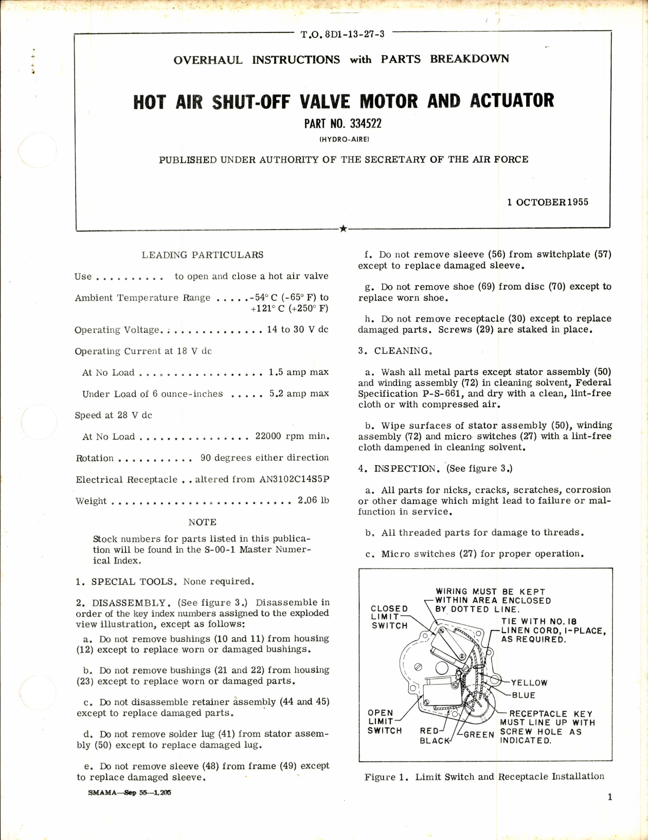 Sample page 1 from AirCorps Library document: Overhaul Instructions with Parts Breakdown for Hot Air Shut-Off Valve Motor & Actuator Part No. 334522