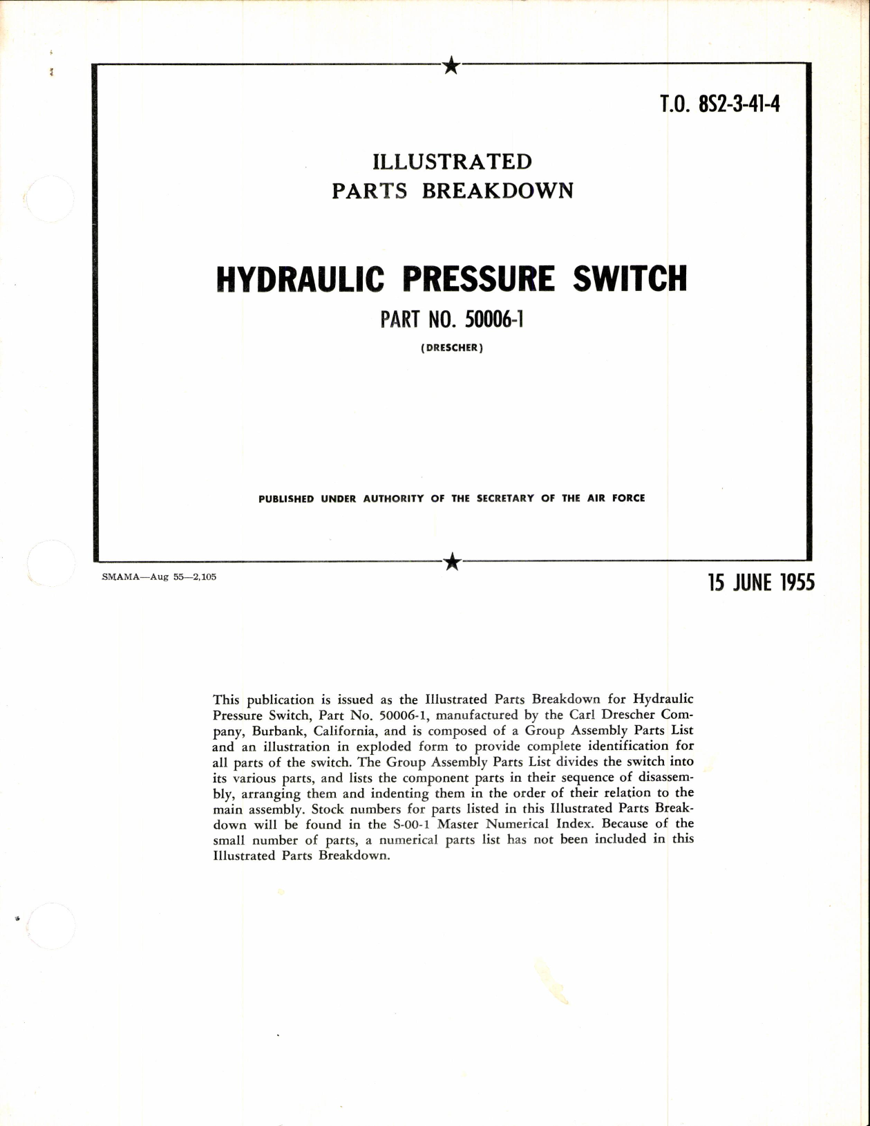 Sample page 1 from AirCorps Library document: Illustrated Parts Breakdown for Hydraulic Pressure Switch