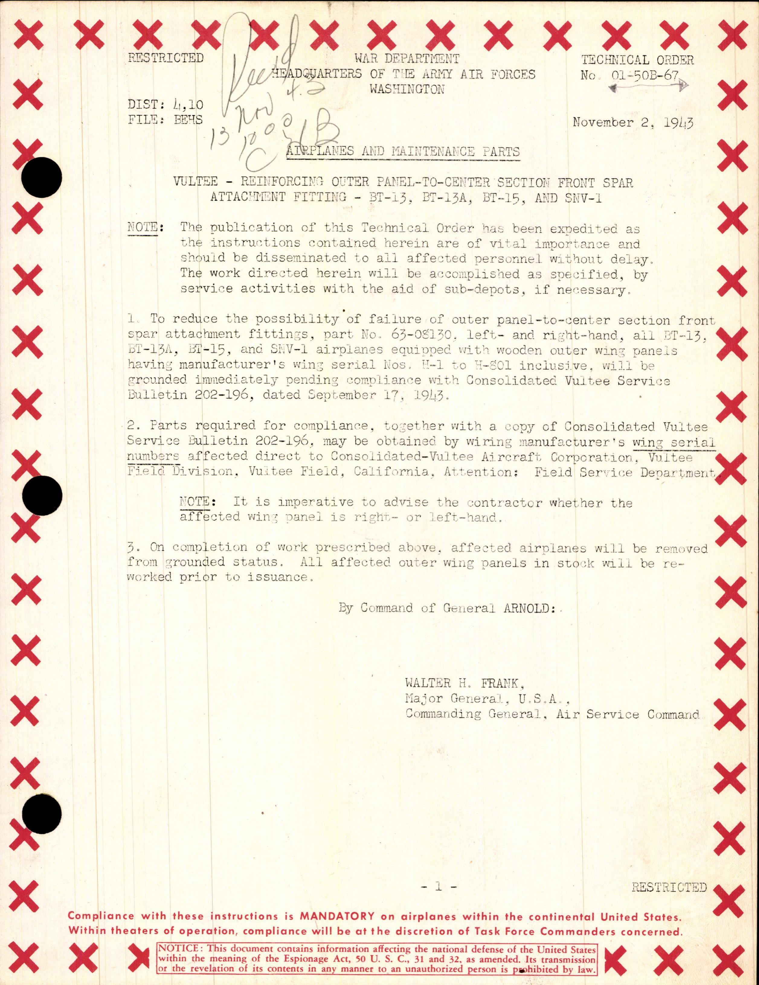 Sample page 1 from AirCorps Library document: Reinforcing Outer Panel-To-Center Section Front Spar Attachment Fittings - BT-13, BT-13A, BT-15, and SNV-1