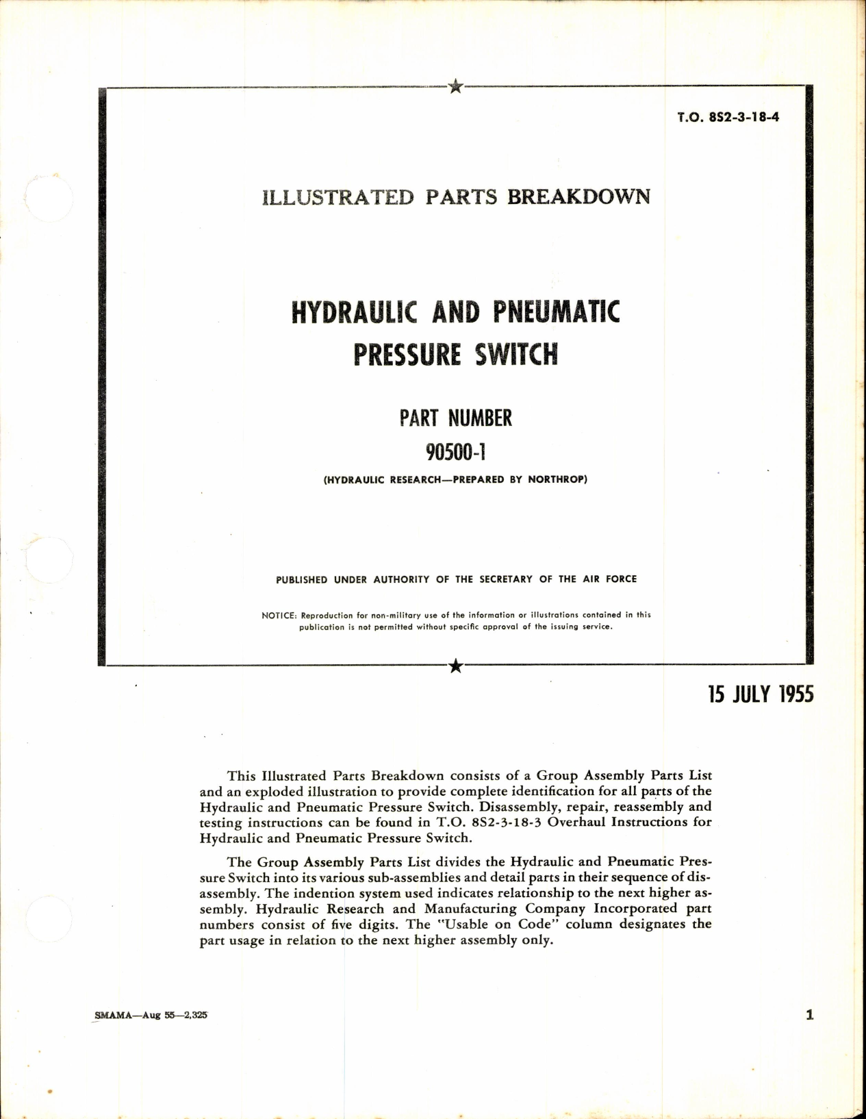 Sample page 1 from AirCorps Library document: Parts Breakdown for Hydraulic & Pneumatic Pressure Switch