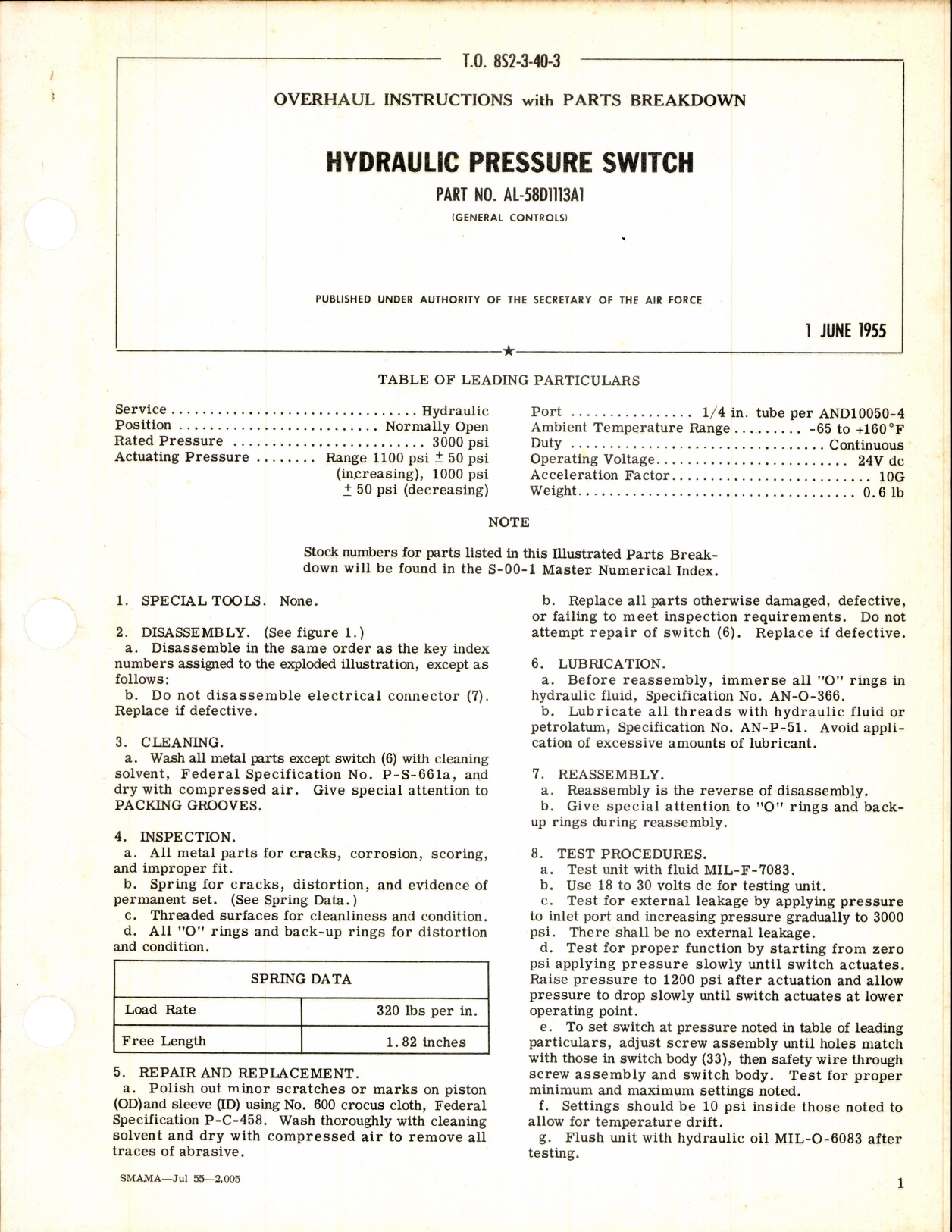 Sample page 1 from AirCorps Library document: Hydraulic Pressure Switch Part No AL-58D1113A1