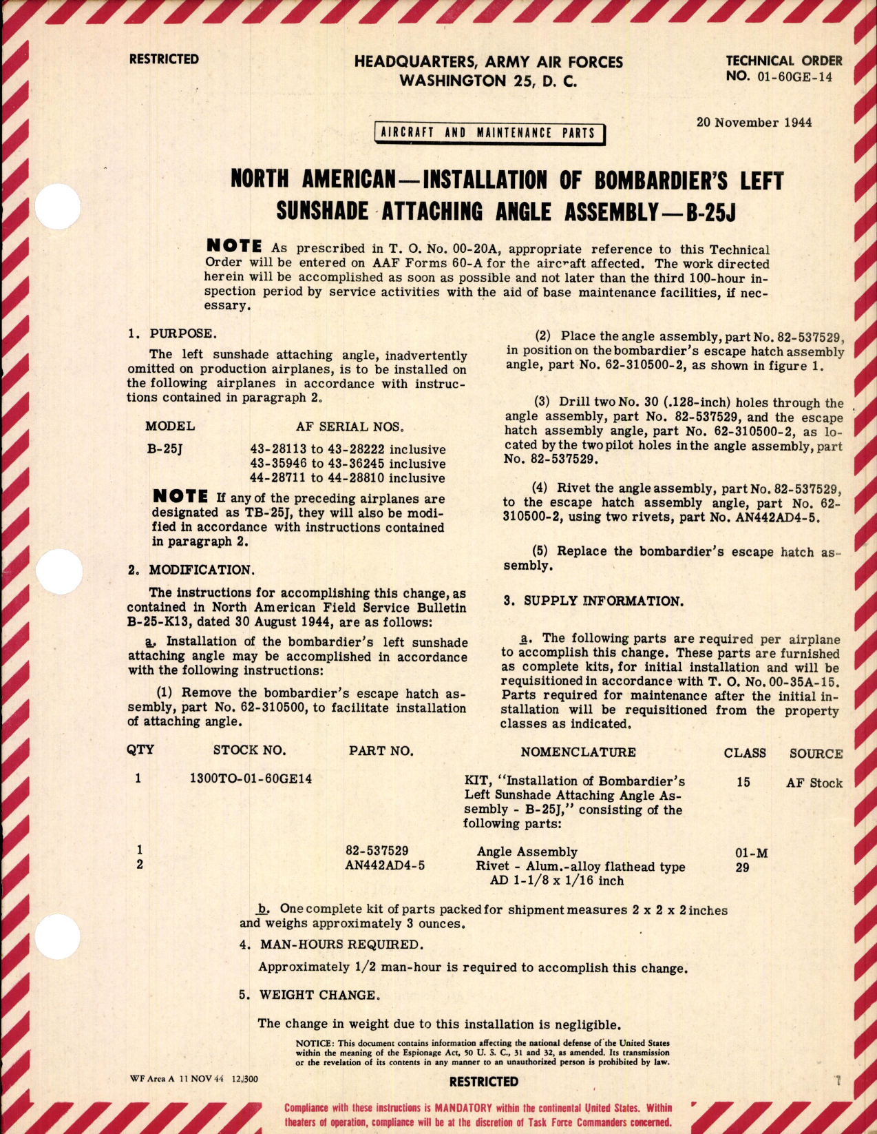 Sample page 1 from AirCorps Library document: Installation of Bombardier's Left Sunshade Attaching Angle