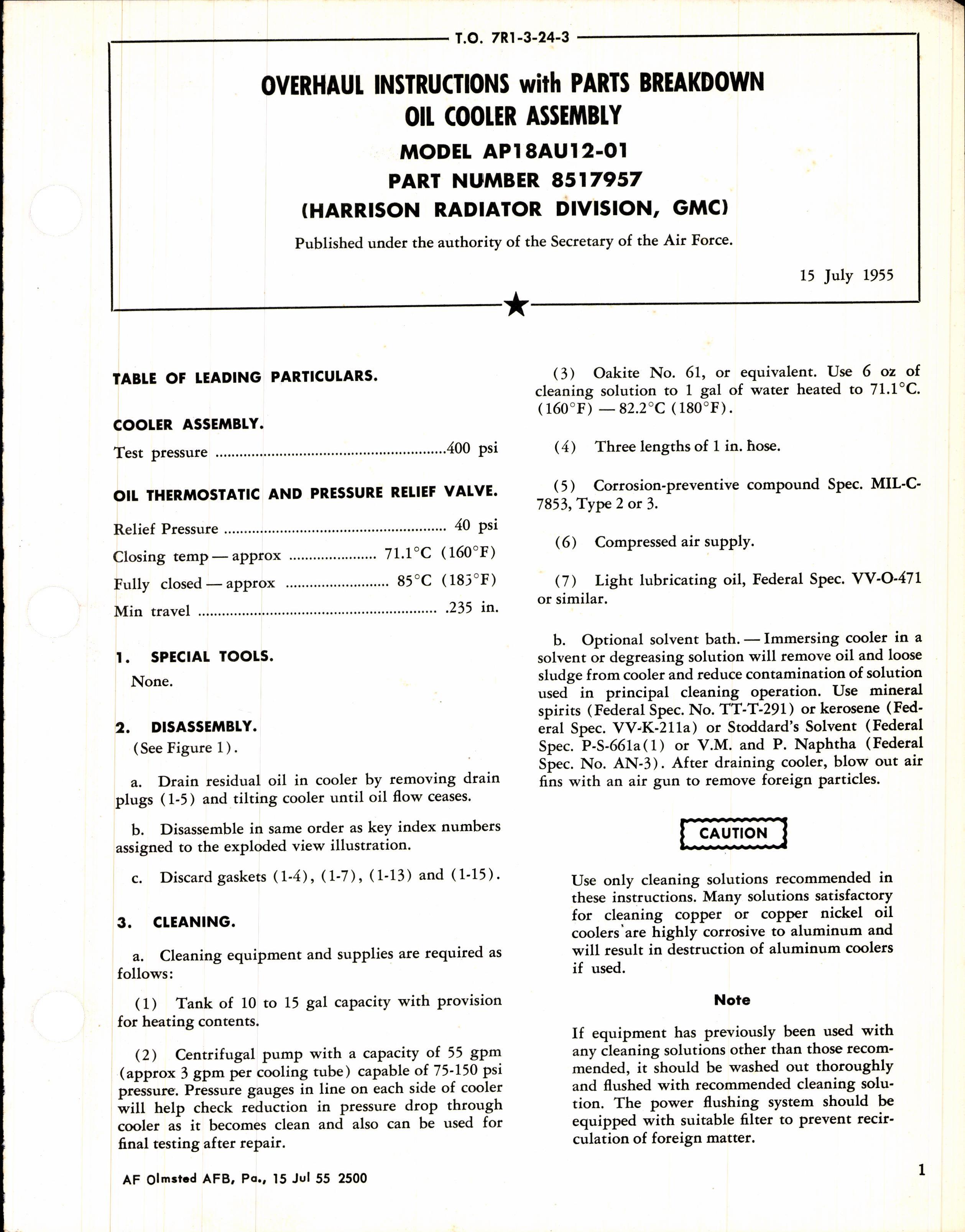 Sample page 1 from AirCorps Library document: Overhaul Instructions with Parts Breakdown for Oil Cooler Assembly