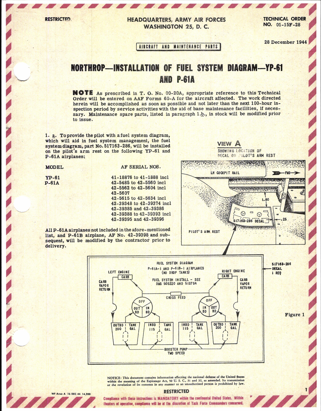 Sample page 1 from AirCorps Library document: Northrop - Installation of Fuel System Diagram for YP-61 and P-61A