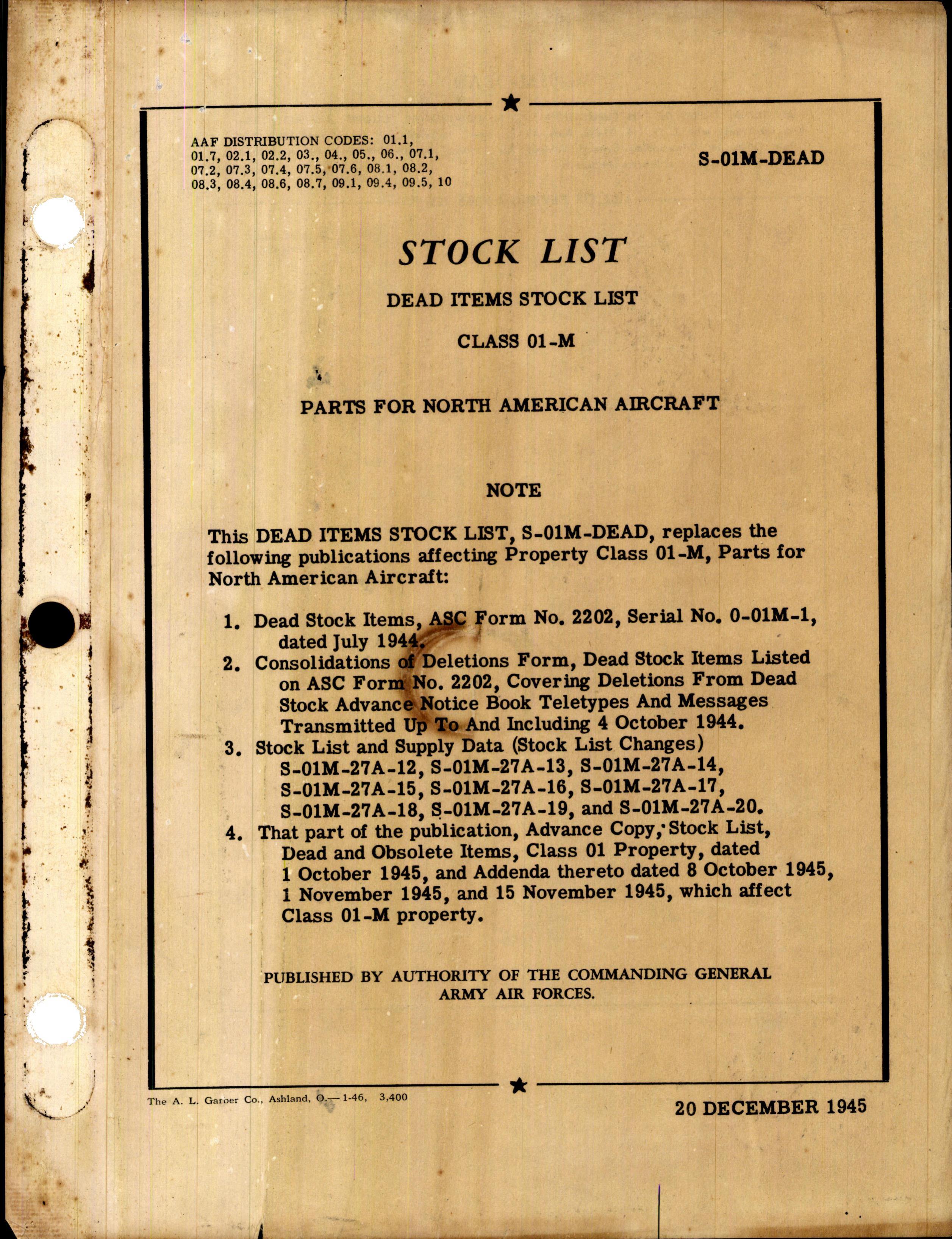 Sample page 1 from AirCorps Library document: Stock List Dead Items Stock List Class 01-M Parts for North American Aircraft