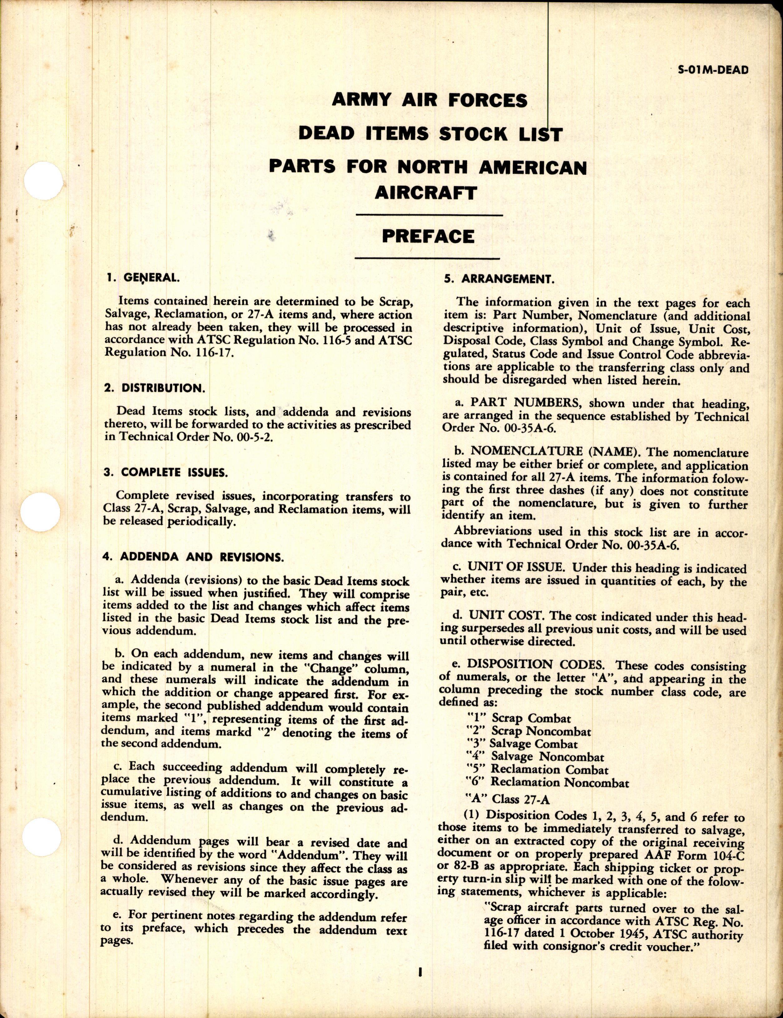 Sample page 3 from AirCorps Library document: Stock List Dead Items Stock List Class 01-M Parts for North American Aircraft