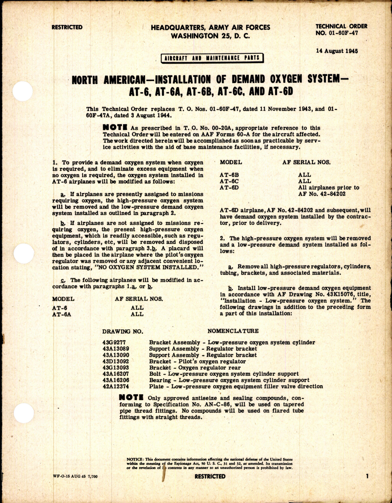 Sample page 1 from AirCorps Library document: Installation of Demand Oxygen System for AT-6, AT-6A, AT-6B, AT-6C, and AT-6D
