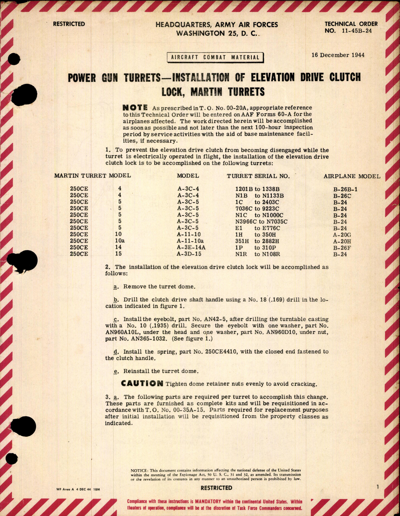 Sample page 1 from AirCorps Library document: Installation of Elevation Drive Clutch Lock, Martin Turrets