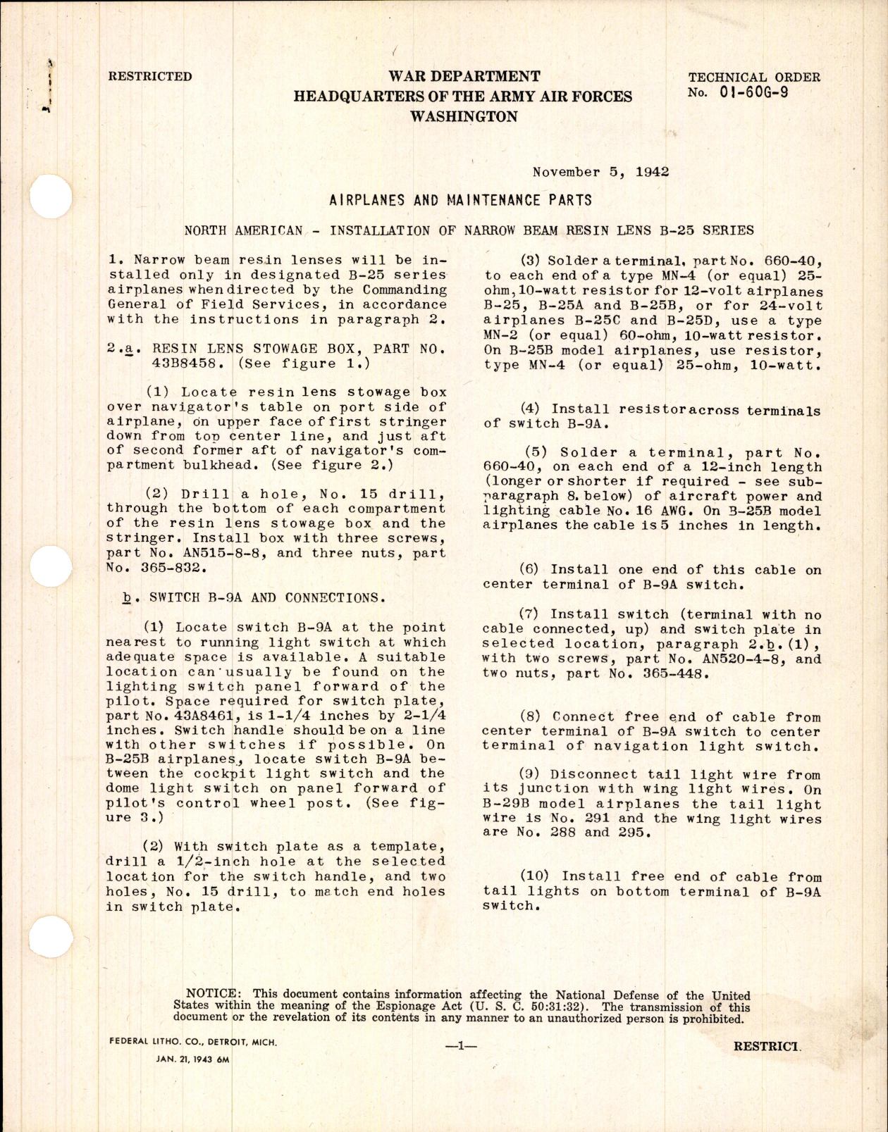 Sample page 1 from AirCorps Library document: Installation of Narrow Beam Resin Lens for B-25 Series