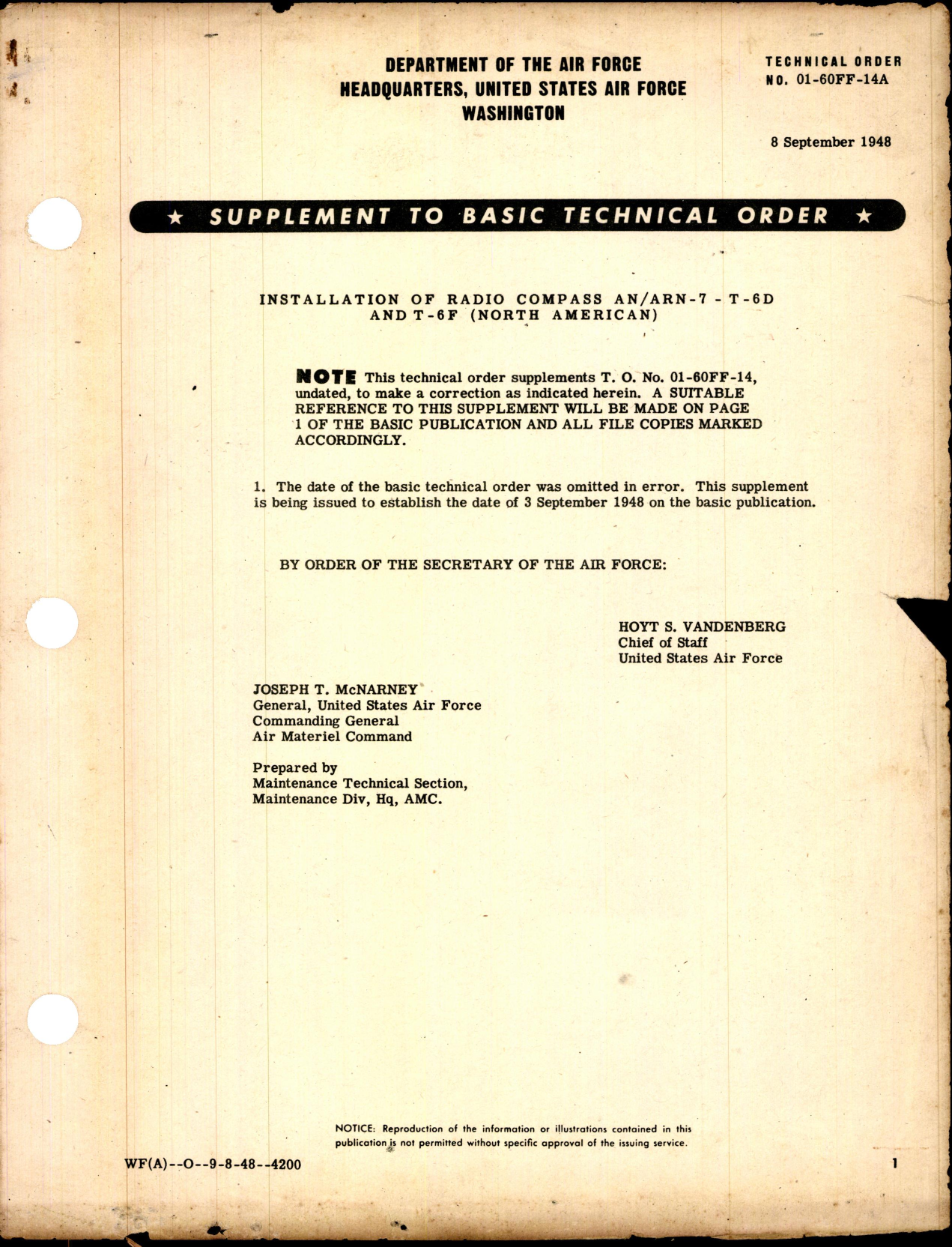 Sample page 1 from AirCorps Library document: Installation of Radio Compass AN/ARN-7 for T-6D and T-6F