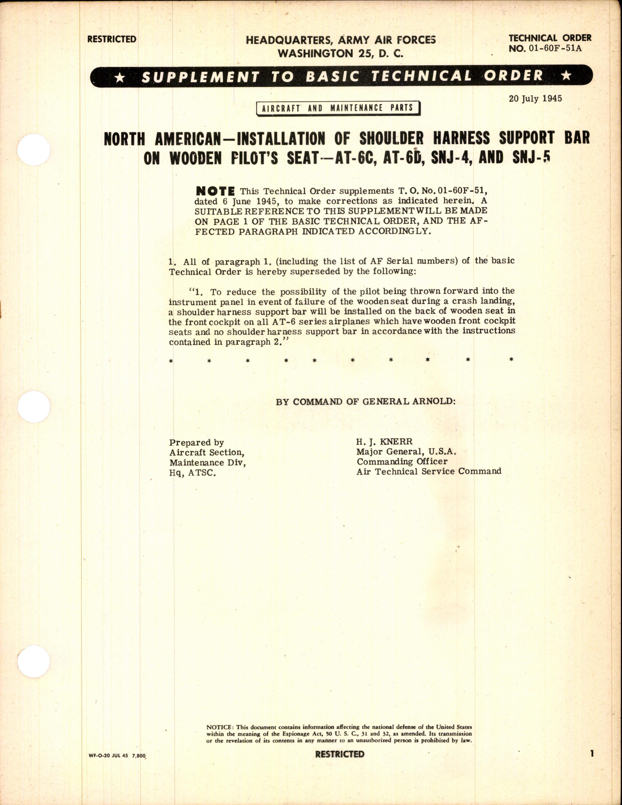 Sample page 1 from AirCorps Library document: Installation of Shoulder Harness Support Bar on Wooden Pilots Seat for AT-6C, AT-6D, SNJ-4, and SNJ-5