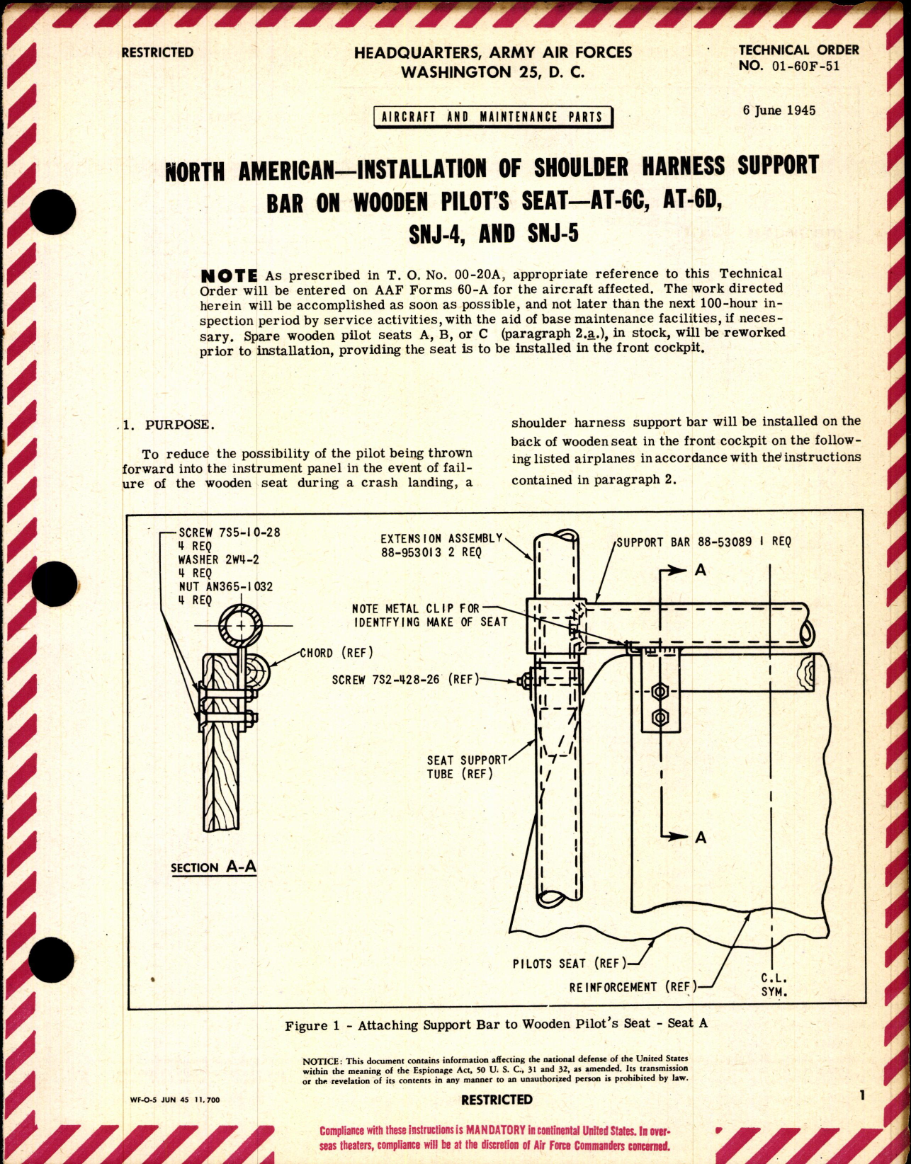Sample page 1 from AirCorps Library document: Installation of Shoulder Harness Support Bar on Wooden Pilots Seat for AT-6C, AT-6D, SNJ-4, and SNJ-5