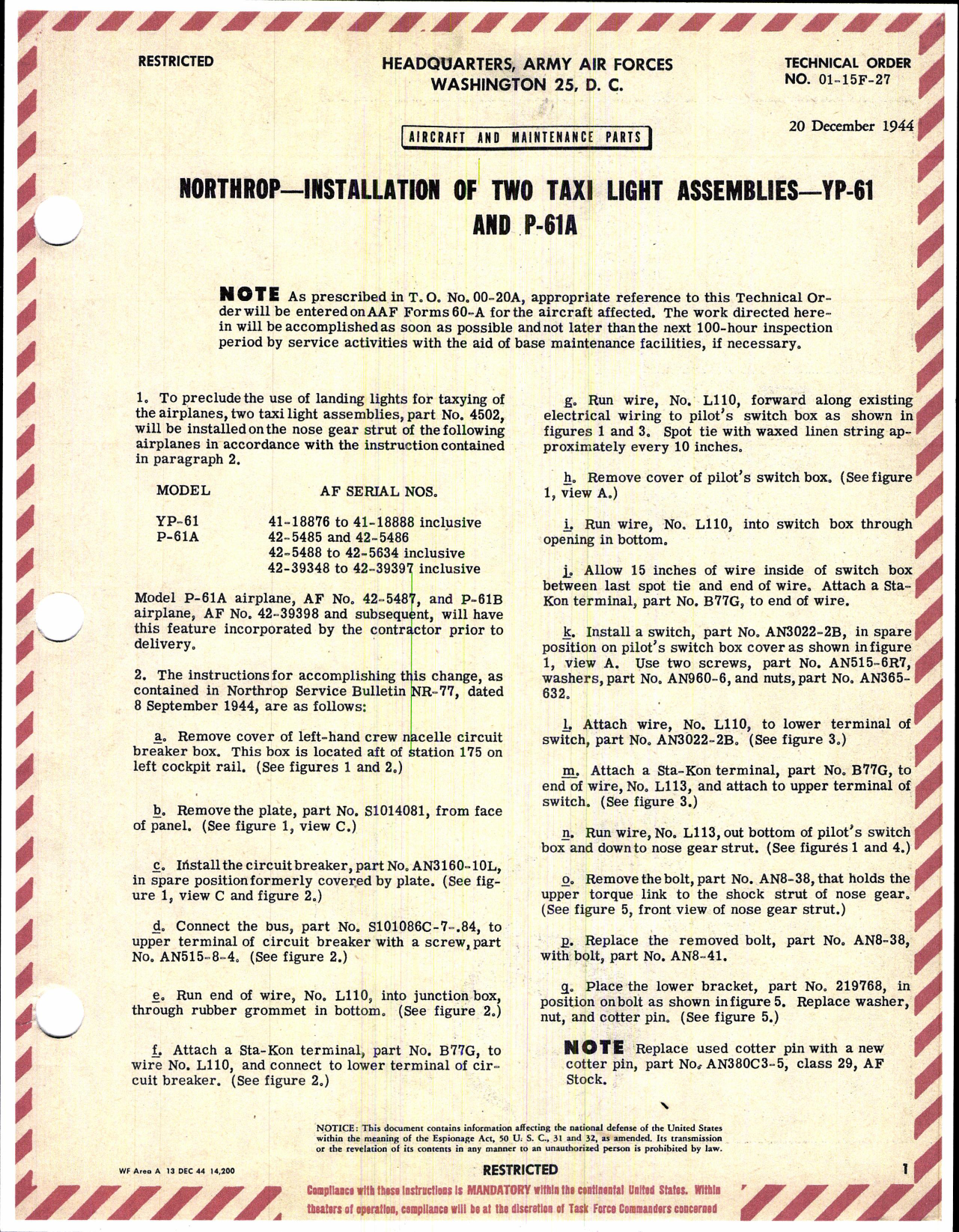 Sample page 1 from AirCorps Library document: Northrop - Installation of Two Taxi Light Assemblies for YP-61 and P-61A