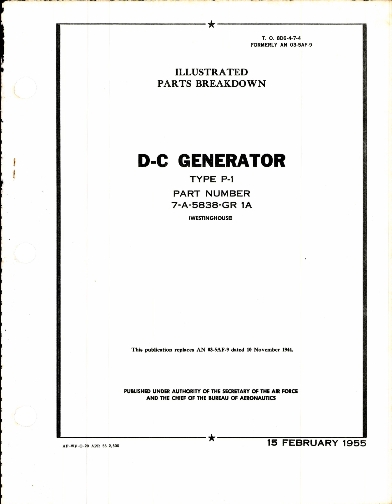 Sample page 1 from AirCorps Library document: D-C Generator Type P-1 Part Number 7-A-5838-GR 1A