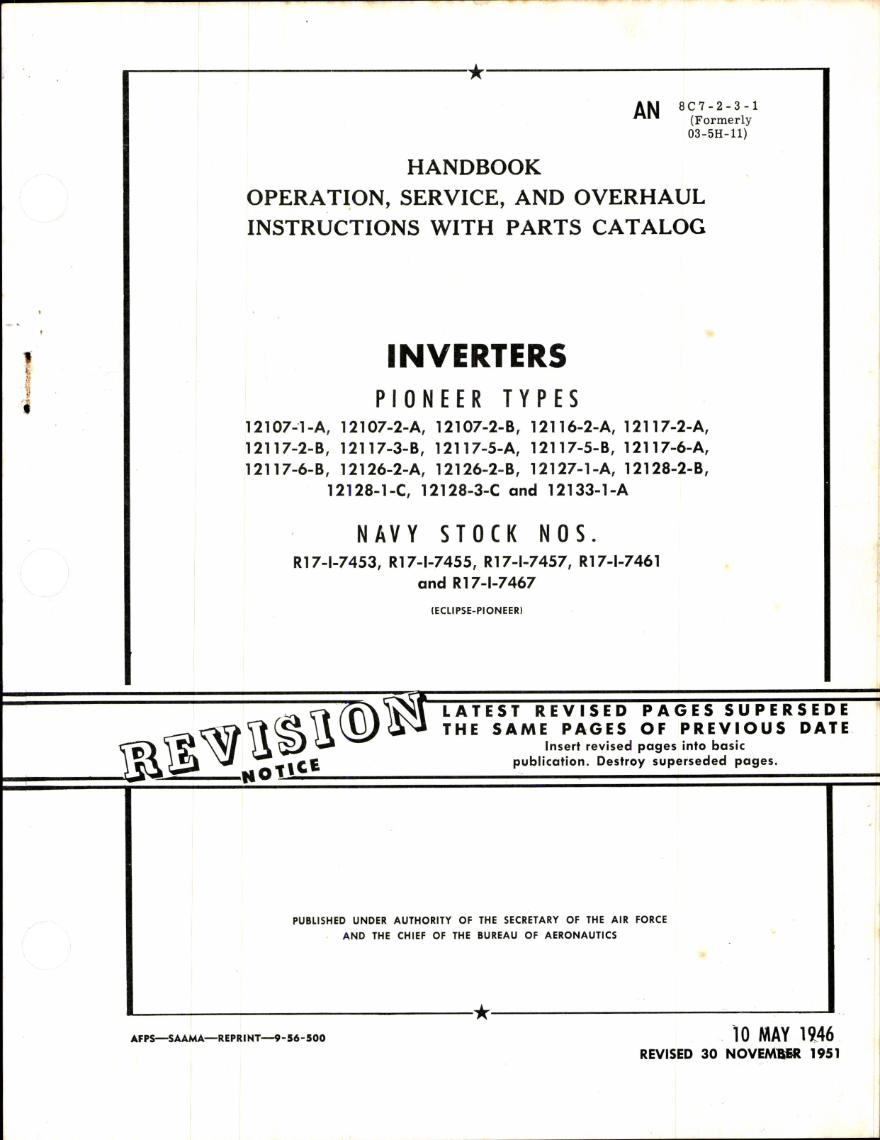 Sample page 1 from AirCorps Library document: Instructions w Parts Catalog for Inverters Pioneer Types