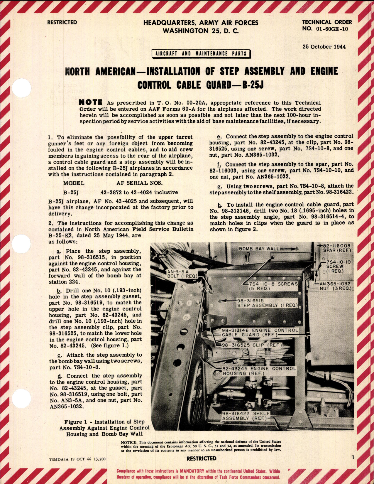 Sample page 1 from AirCorps Library document: Installation of Step Assembly & Engine Control Cable Guard for B-25J