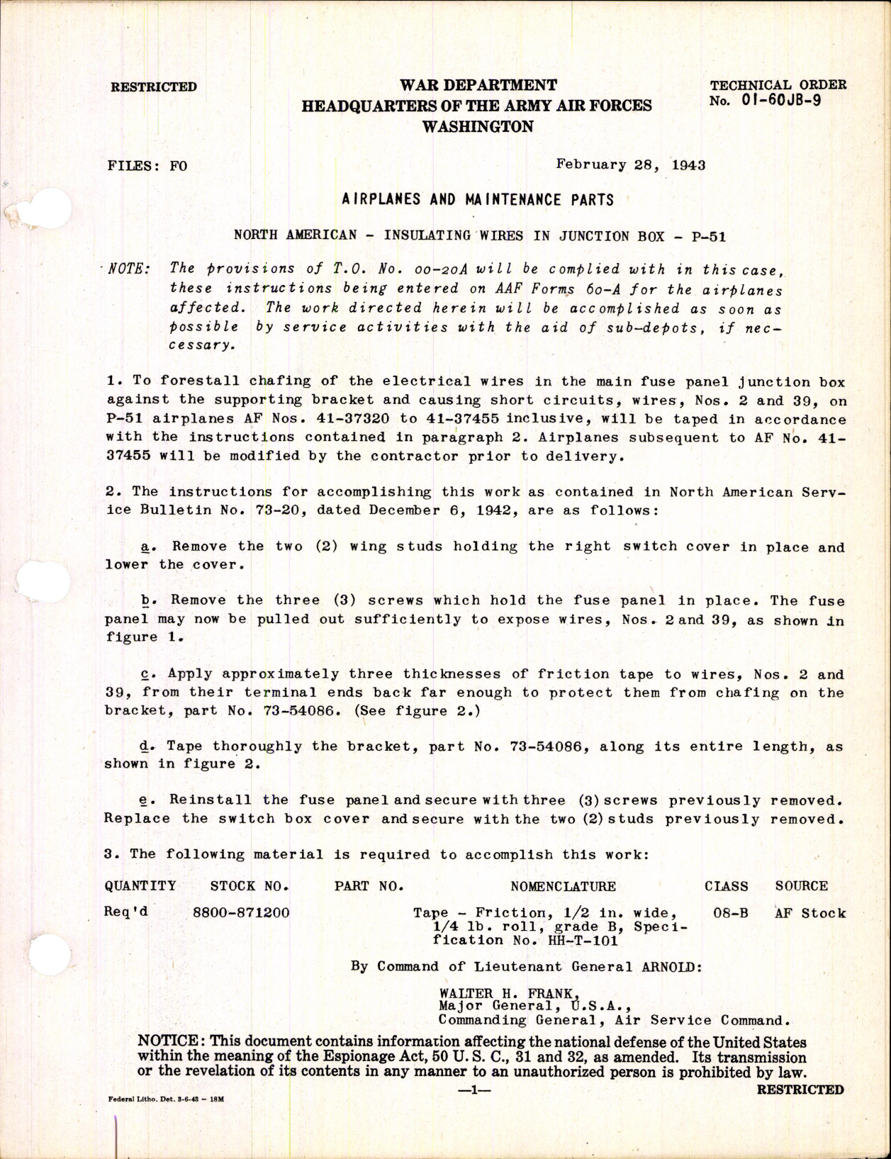 Sample page 1 from AirCorps Library document: Insulating Wires in Junction Box for the P-51