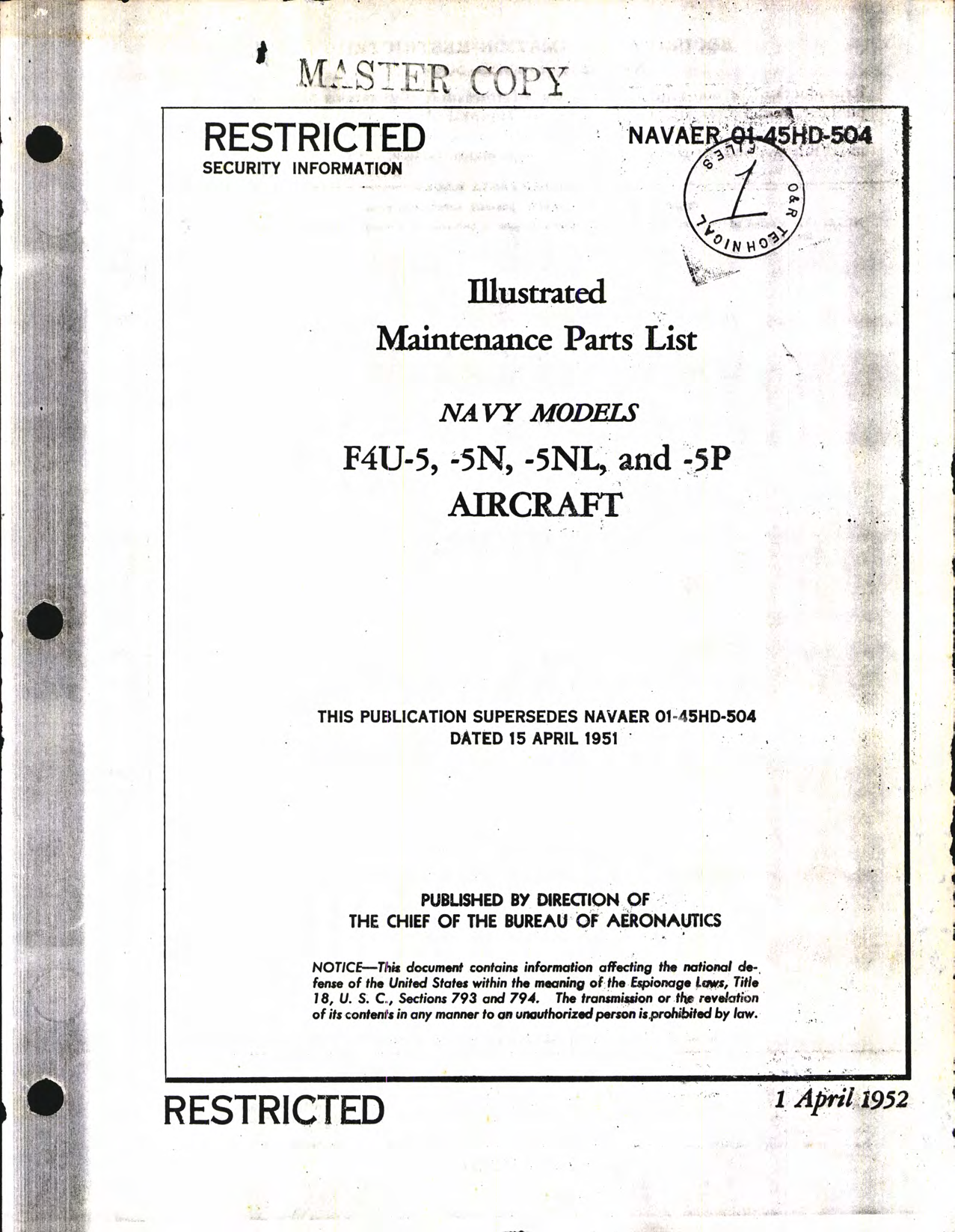 Sample page 1 from AirCorps Library document: Illustrated Maintenance Parts List for F4U-5, -5N, -5NL and -5P Aircraft