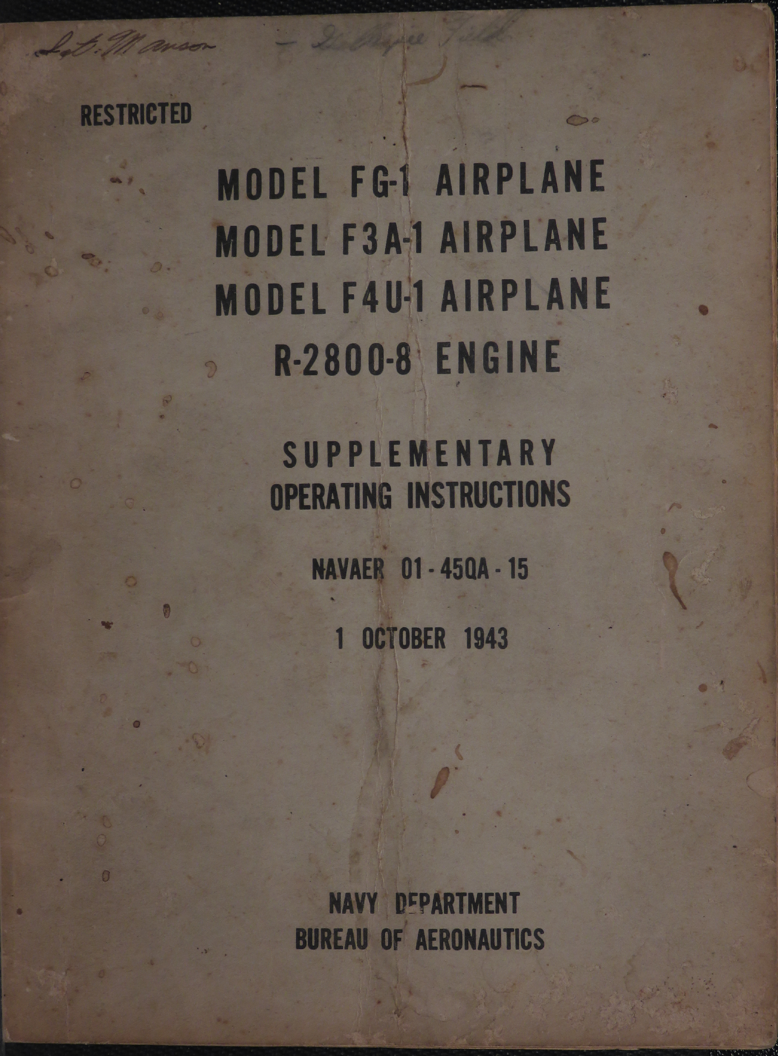 Sample page 1 from AirCorps Library document: Supplementary Operating Instructions for Model FG-1, F3A-1, F4U-1 Airplane with R-2800-8 Engine