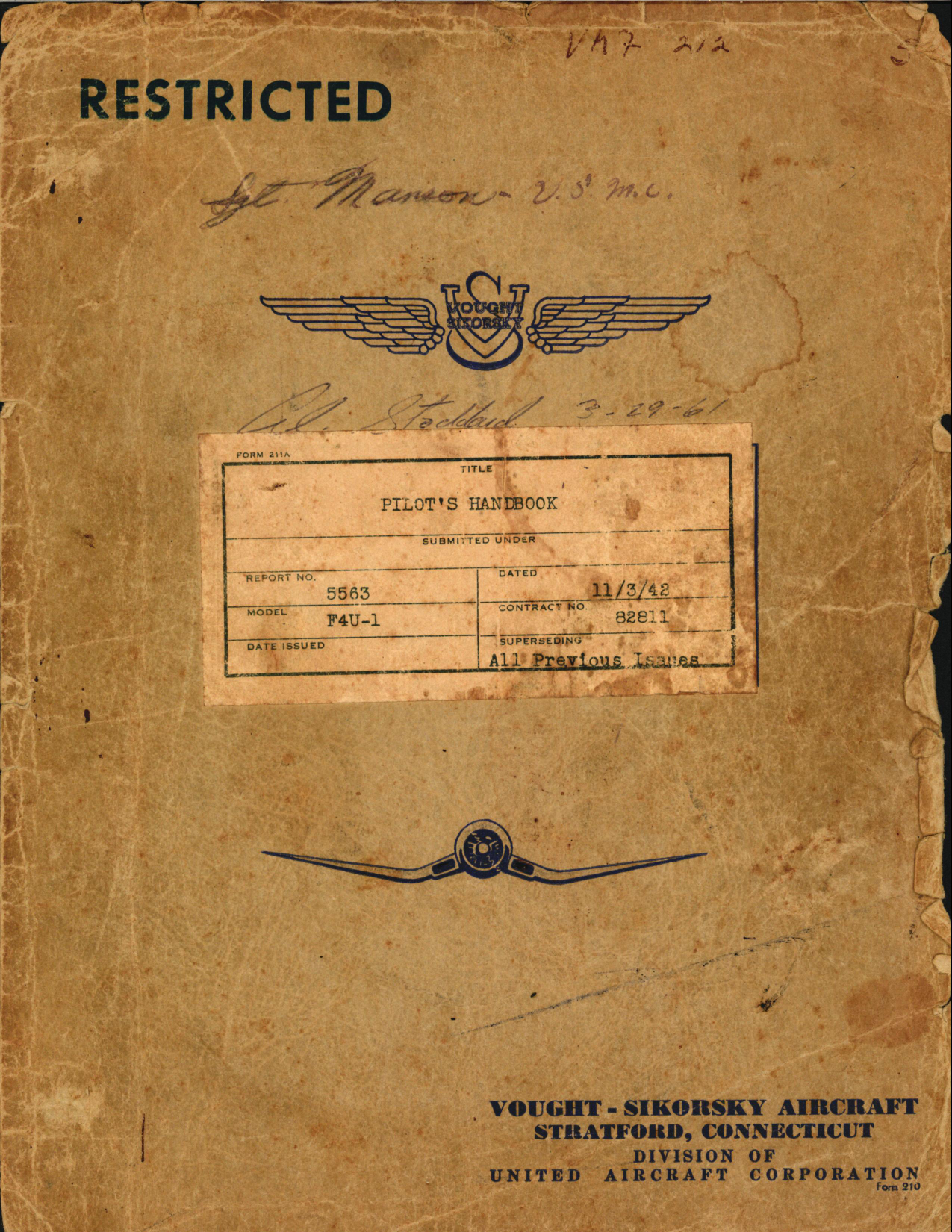 Sample page 1 from AirCorps Library document: Pilot's Handbook for F4U-1 Aircraft