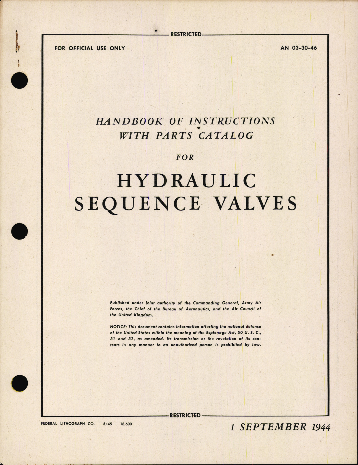 Sample page 1 from AirCorps Library document: Handbook of Instructions with Parts Catalog for Hydraulic Sequence Valves